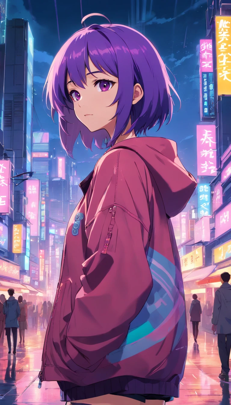 Close-up of the city with neon sunset in the background, Synthwave City, vaporwave city, Synthwave aesthetics, Neon City in the background, Background of Neo Tokyo, Neon metropolis in the background, Futuristic urban background, cyberpunk aesthetics, The city's backstory is cyberpunk, Purple Cyberpunk City, cyberpunk city background, cyberpunk aesthetics, cyberpunk atmosphere, Cyberpunk cityscape,anime clouds, Anime background, anime sky, in style of makoto shinkai, Beautiful puffy clouds. the anime, style of makoto shinkai, makoto sinkai!, beautiful anime scenery, based on Makoto Shinkai, Anime Landscape Wallpaper, makoto sinkai!!, Makoto Shinkai art style,japanaese girl,pale skin,beatiful face(purple hair)red jacket,Tokyo at night, with Cyberpunk style,Japanese streetwear,Tokyo Fashion,In a Cyberpunk 2 jacket 0 7 7,Full-length,attractive pose,Bottom view