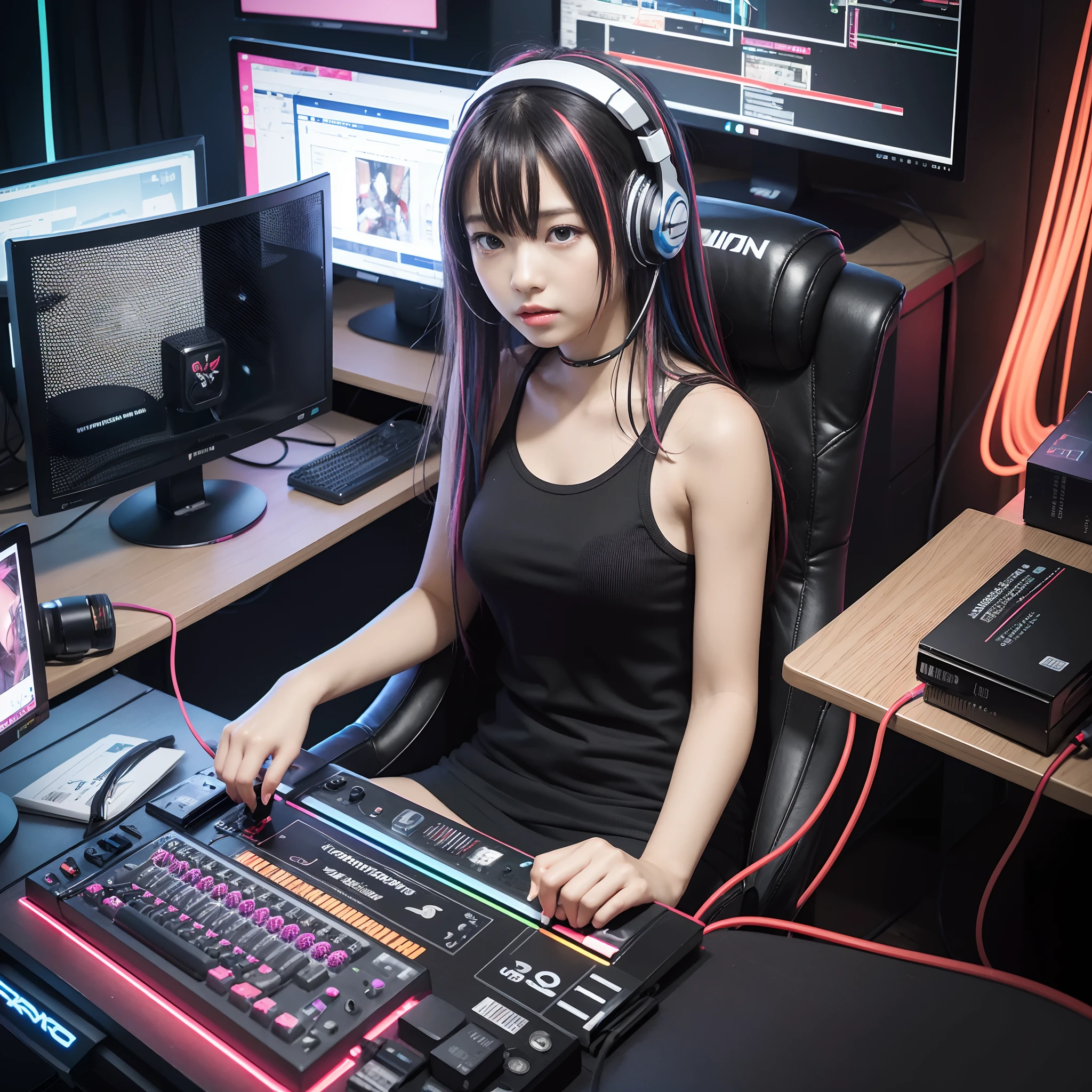 ((Masterpiece)), (((Best Quality)))), ((Illustration)), (Depth of Field: 1.2),Solo,Dynamic Angle,1 Girl,Hacker Beautiful Japan Girl, Indoors, Room, Dim Room, Sci-Fi, Neon, Neon Lights, Cyberpunk, Computer Room, Gaming Headphones, Computer Equipment, Ethical Hacker, Server Room Background, Display lights, monitors, (LED monitors, surrounded by multiple display monitors: 1.5), gaming chair, multicolored hair, striped hair, tank tops, mini skirts, energy drinks, cables, messy room, front, from below