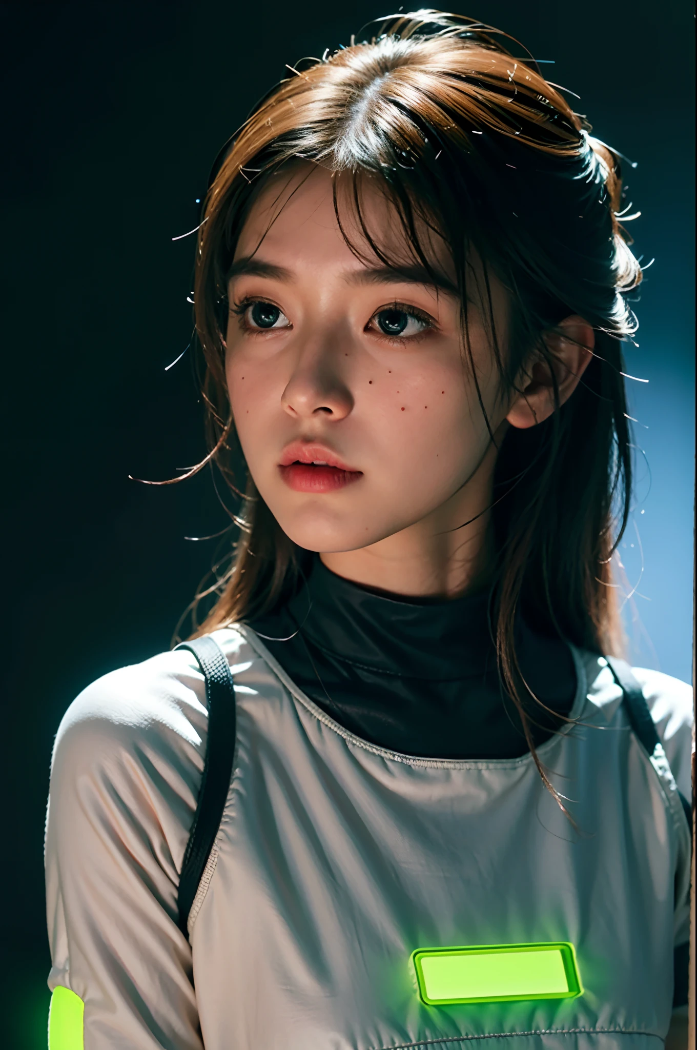 (Small grain:0.5), motion picture,youthful, outer space, serious, detailed eyes, detailed face, Futuristic clothing details, Lights in clothes, (Aim the gun..:1.1), (concealment:1.1), (sideways glance:1.1), volumetric light, solitude, horror, dark light, Red fluorescent profile, Green Fluorescent Profile, Blue fluorescent profile