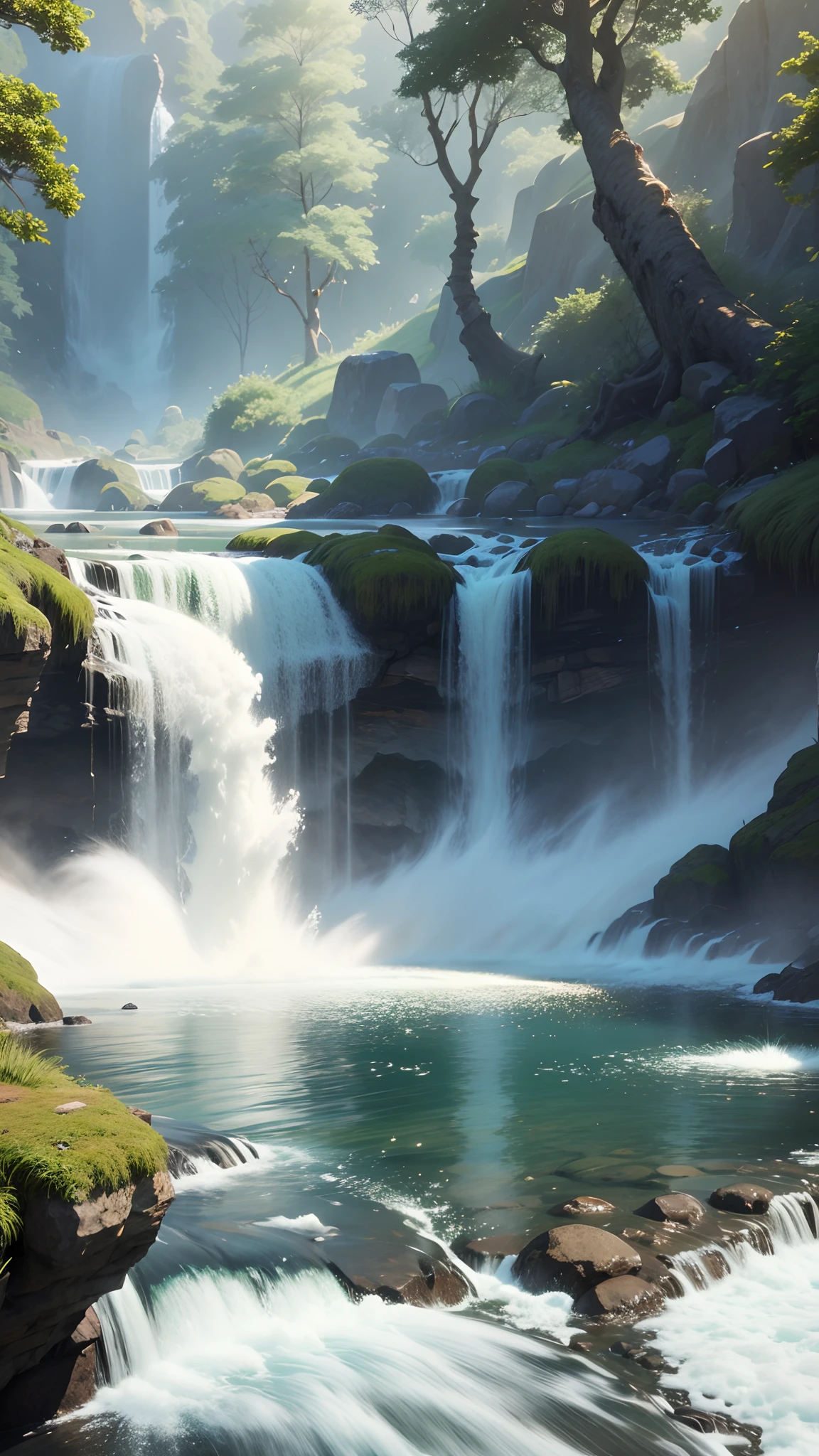 Majestic waterfall, white foam, Photorealistic photos, Surreal, High image quality, 3D, Frontal shot of the waterfall, --auto --s2