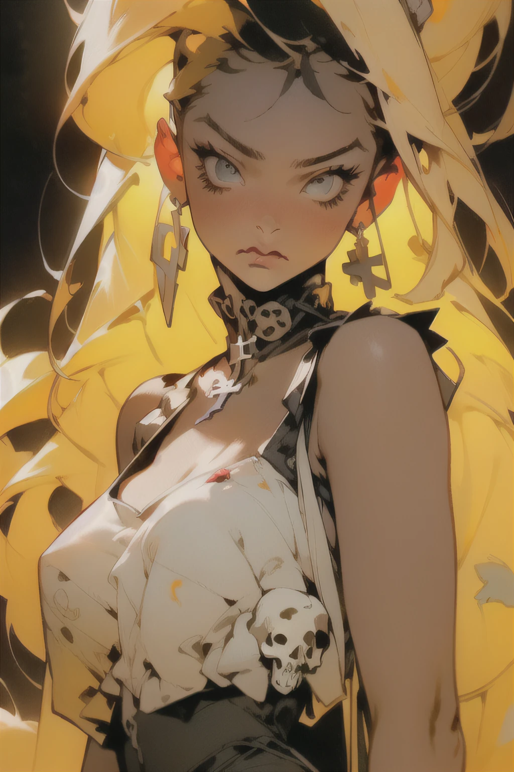 Woman pinned to the cross、Guilty、Bang、Underwear、Deities々Right、Dark background、Big skull on background