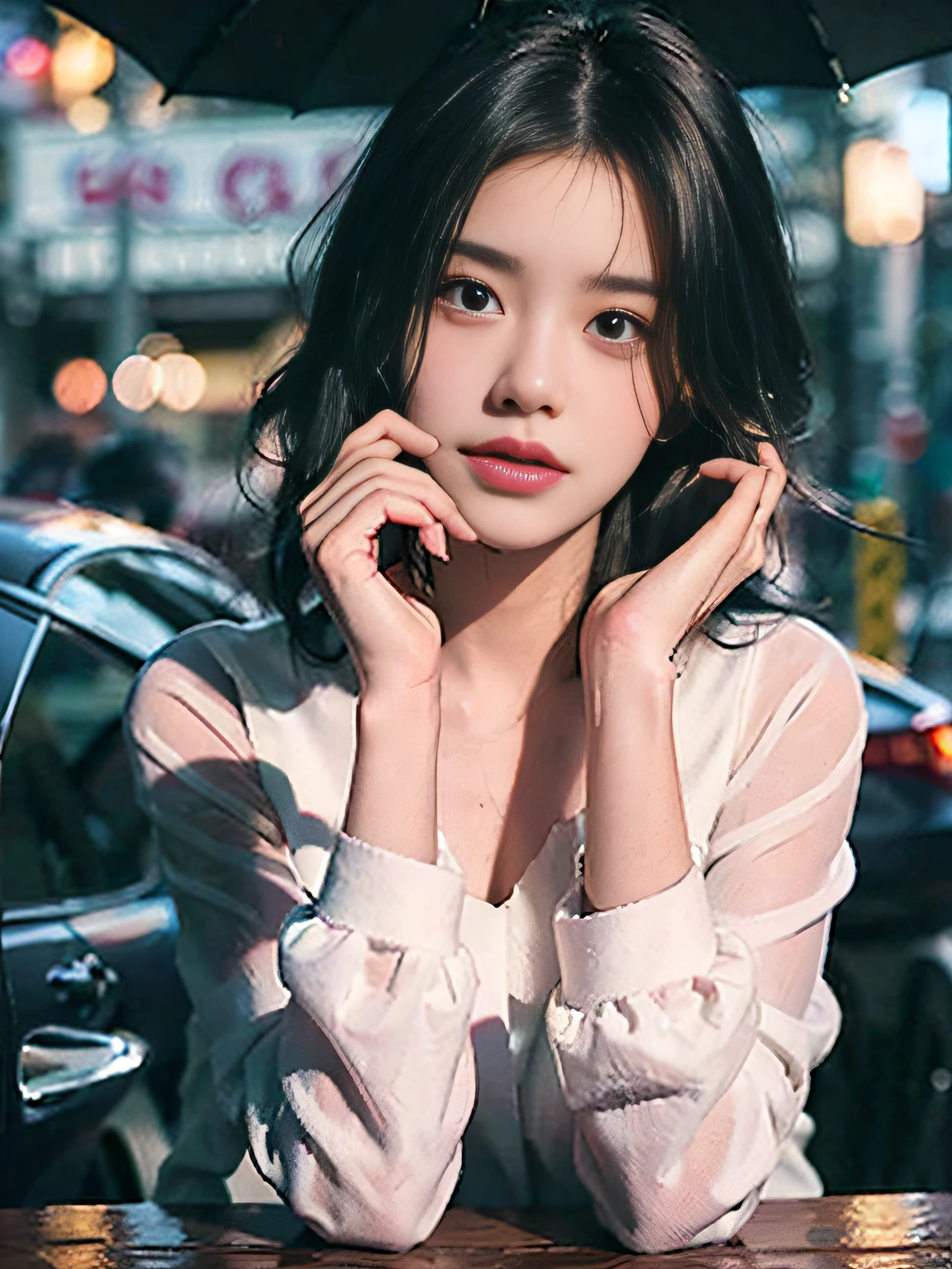 randome pose, mix4,(8K, RAW photo, Best quality, Masterpiece:1.2), ( photo-realistic:1.37),1girll,Cityscape, Night, rain, Wet, Professional lighting, photon maping, Radio City, Physically-based rendering,, gradient black colour hair,, White hair, Short curly hair, Handsome, Girl, white ball suit, top quality picture, A high resolution, 1080p, (Clear face), (Detailed facial description), (Detailed hand description), (Masterpiece), (exquisite CG), Extreme light and shadow, Messy hair,  rich details​, (Fine facial features), (highest quality picture), (Masterpiece), (Detailed eyes),Look ahead with your eyes,fine collar bone，Full body photo