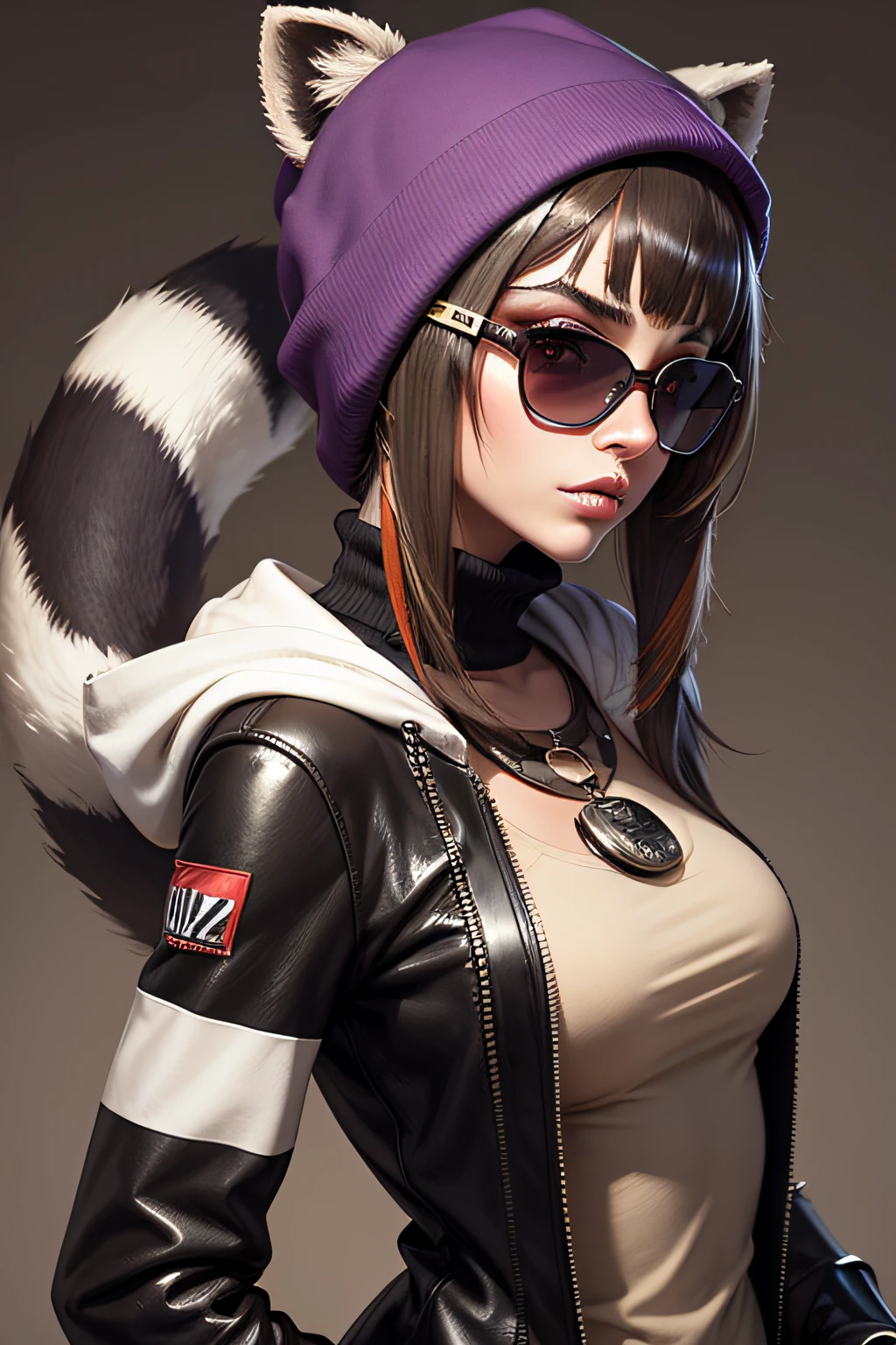 groovy human female raccoon 3/4 profile portrait, modern fashionable woman,  funky accessories such as sunglasses, hat, sward, hood etc