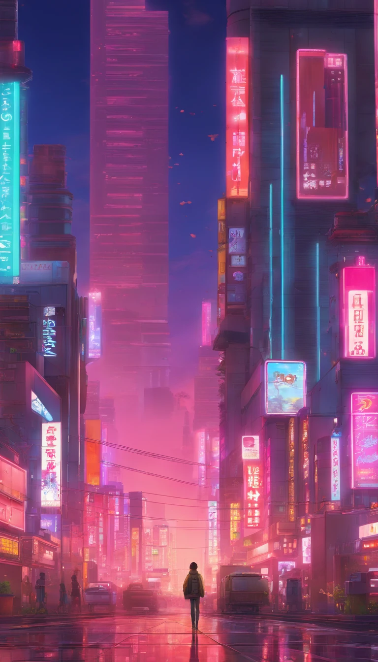 Close-up of the city with neon sunset in the background, Synthwave City, vaporwave city, Synthwave aesthetics, Neon City in the background, Background of Neo Tokyo, Neon metropolis in the background, Futuristic urban background, cyberpunk aesthetics, The city's backstory is cyberpunk, Purple Cyberpunk City, cyberpunk city background, cyberpunk aesthetics, cyberpunk atmosphere, Cyberpunk cityscape,anime clouds, Anime background, anime sky, in style of makoto shinkai, Beautiful puffy clouds. the anime, style of makoto shinkai, makoto sinkai!, beautiful anime scenery, based on Makoto Shinkai, Anime Landscape Wallpaper, makoto sinkai!!, Makoto Shinkai art style,japanaese girl,pale skin,beatiful face(purple hair)red jacket,Tokyo at night, with Cyberpunk style,Japanese streetwear,Tokyo Fashion,In a Cyberpunk 2 jacket 0 7 7,Full-length,attractive pose,Bottom view