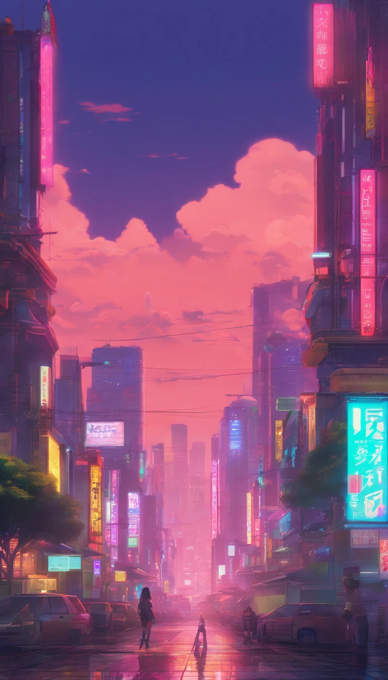 Close-up of the city with neon sunset in the background, Synthwave City, vaporwave city, Synthwave aesthetics, Neon City in the background, Background of Neo Tokyo, Neon metropolis in the background, Futuristic urban background, cyberpunk aesthetics, The city's backstory is cyberpunk, Purple Cyberpunk City, cyberpunk city background, cyberpunk aesthetics, cyberpunk atmosphere, Cyberpunk cityscape,anime clouds, Anime background, anime sky, in style of makoto shinkai, Beautiful puffy clouds. the anime, style of makoto shinkai, makoto sinkai!, beautiful anime scenery, based on Makoto Shinkai, Anime Landscape Wallpaper, makoto sinkai!!, Makoto Shinkai art style,japanaese girl,pale skin,beatiful face(purple hair)red jacket,Tokyo at night, with Cyberpunk style,Japanese streetwear,Tokyo Fashion,In a Cyberpunk 2 jacket 0 7 7,Full-length,attractive pose,Bottom view