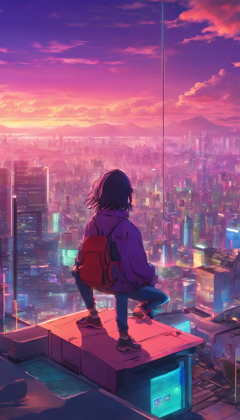 Close-up of the city with neon sunset in the background, Synthwave City, vaporwave city, Synthwave aesthetics, Neon City in the background, Background of Neo Tokyo, Neon metropolis in the background, Futuristic urban background, cyberpunk aesthetics, The city's backstory is cyberpunk, Purple Cyberpunk City, cyberpunk city background, cyberpunk aesthetics, cyberpunk atmosphere, Cyberpunk cityscape,anime clouds, Anime background, anime sky, in style of makoto shinkai, Beautiful puffy clouds. the anime, style of makoto shinkai, makoto sinkai!, beautiful anime scenery, based on Makoto Shinkai, Anime Landscape Wallpaper, makoto sinkai!!, Makoto Shinkai art style,japanaese girl,pale skin,beatiful face(purple hair)red jacket,Tokyo at night, with Cyberpunk style,Japanese streetwear,Tokyo Fashion,In a Cyberpunk 2 jacket 0 7 7,Full-length,attractive pose,Bottom view