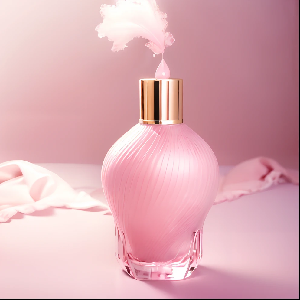 a close up of a pink perfume bottle with a gold cap, perfume bottle, light pink mist, ethereal opalescent mist, juicy, perfume, femme, transparent background, blush, floating in perfume, pink mist, antique perfume, artdeco, light blush, n-9, n- 9, n - 9, n -9, opalescent mist, puffy