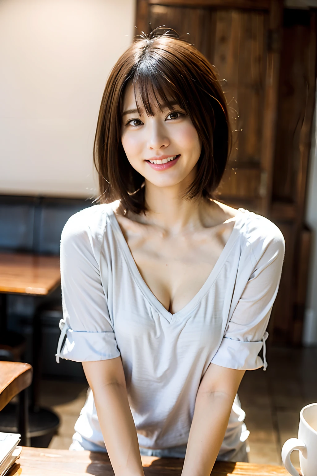 (masuter piece:1.3)、(8K、Photorealsitic、high-detail、Raw photography、top-quality: 1.4)、(1girl in)、Beautiful expression、(Lifelike face)、​masterpiece, top-quality, Photorealsitic、Stylish café、Sitting on the other side of the table、Esbian、20 years girl、full body Esbian、Short-cut hair、Smile at the Japan、portlate、Beautiful、Clothes in pale pastel colors、The chest is fluttering