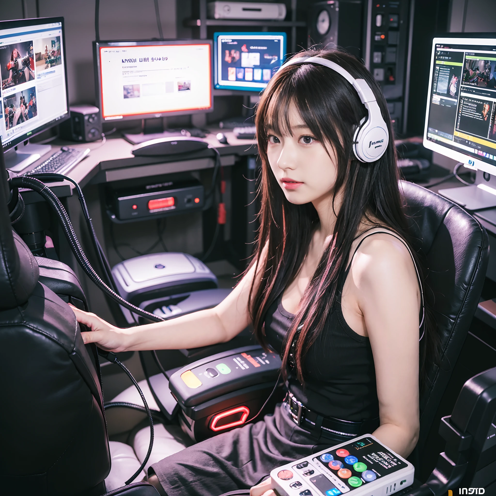 ((Masterpiece)), (((Best Quality)))), ((Illustration)), (Depth of Field: 1.2),Solo,Dynamic Angle,1 Girl,Hacker Beautiful Japan Girl, Indoors, Room, Dim Room, Sci-Fi, Neon, Neon Lights, Cyberpunk, Computer Room, Gaming Headphones, Computer Equipment, Ethical Hacker, Server Room Background, Display lights, monitors, (LED monitors, surrounded by multiple display monitors: 1.5), gaming chair, multicolored hair, striped hair, tank tops, mini skirts, energy drinks, cables, messy room, front, from below