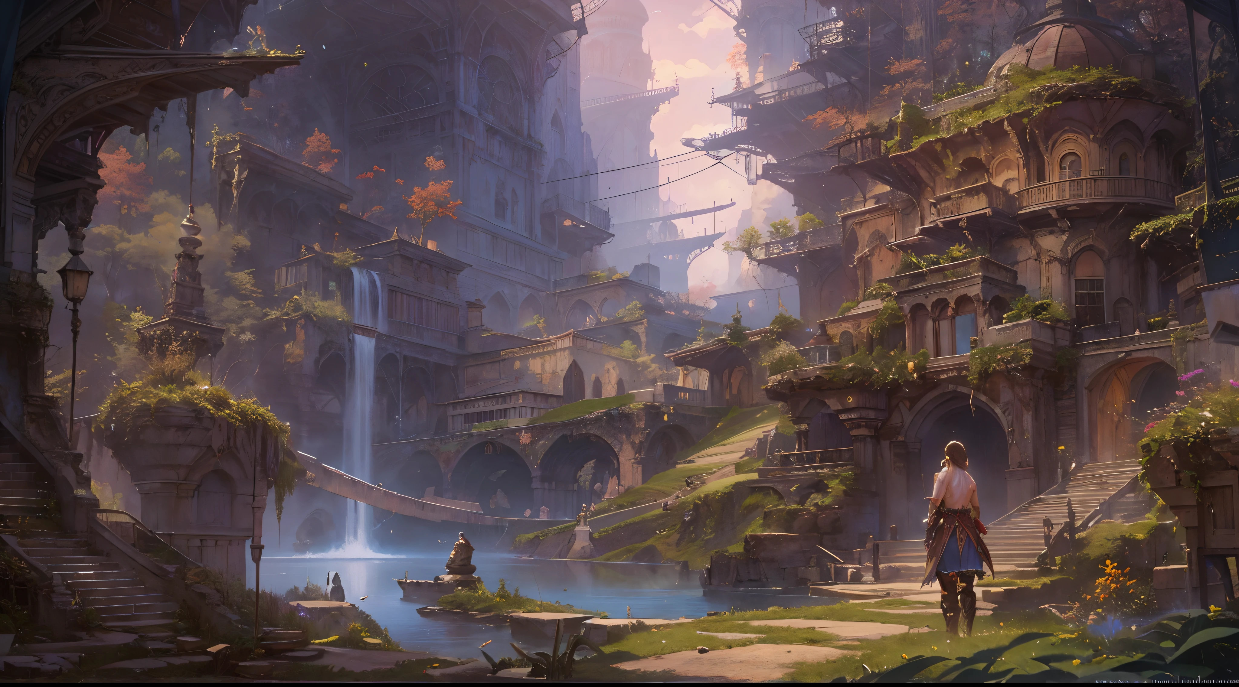 "(by Greg Rutkowski: 1.2), (masterpiece), ((best quality)), extremely delicate and beautiful, illustration, (fantasy landscape), A mesmerizing fantasy landscape with enchanting elements blending seamlessly. ((Zanarkand from final fantasy x)), A sense of tranquility and wonder fills the air, inviting exploration and discovery. Providing a distant view that captures the grandeur and atmosphere. From Brian Froud and Carne Griffiths and Wadim Kashin and John William Waterhouse, 8K post-production, high resolution, hyperdetailed, depth of field, HDR, intricate"
