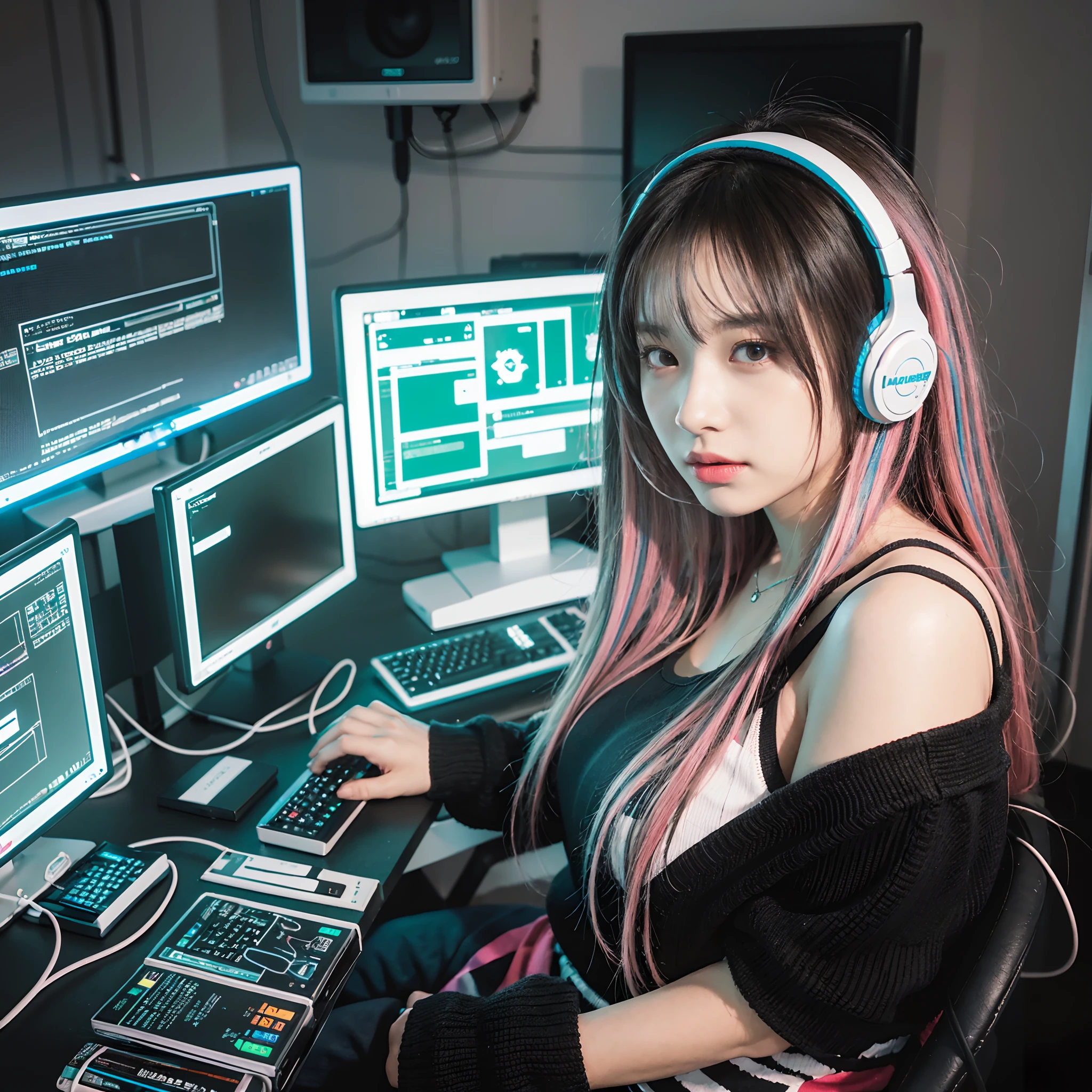((Masterpiece)), (((Best Quality)))), ((Illustration)), (Depth of Field: 1.2),Solo,Dynamic Angle,1 Girl,Hacker Beautiful Japan Girl, Indoors, Room, Dim Room, Sci-Fi, Neon, Neon Lights, Cyberpunk, Computer Room, Gaming Headphones, Computer Equipment, Ethical Hacker, Server Room Background, Display lights, monitors, (LED monitors, surrounded by multiple display monitors: 1.5), gaming chair, multicolored hair, striped hair, tank tops, mini skirts, energy drinks, cables, messy room, front, from below