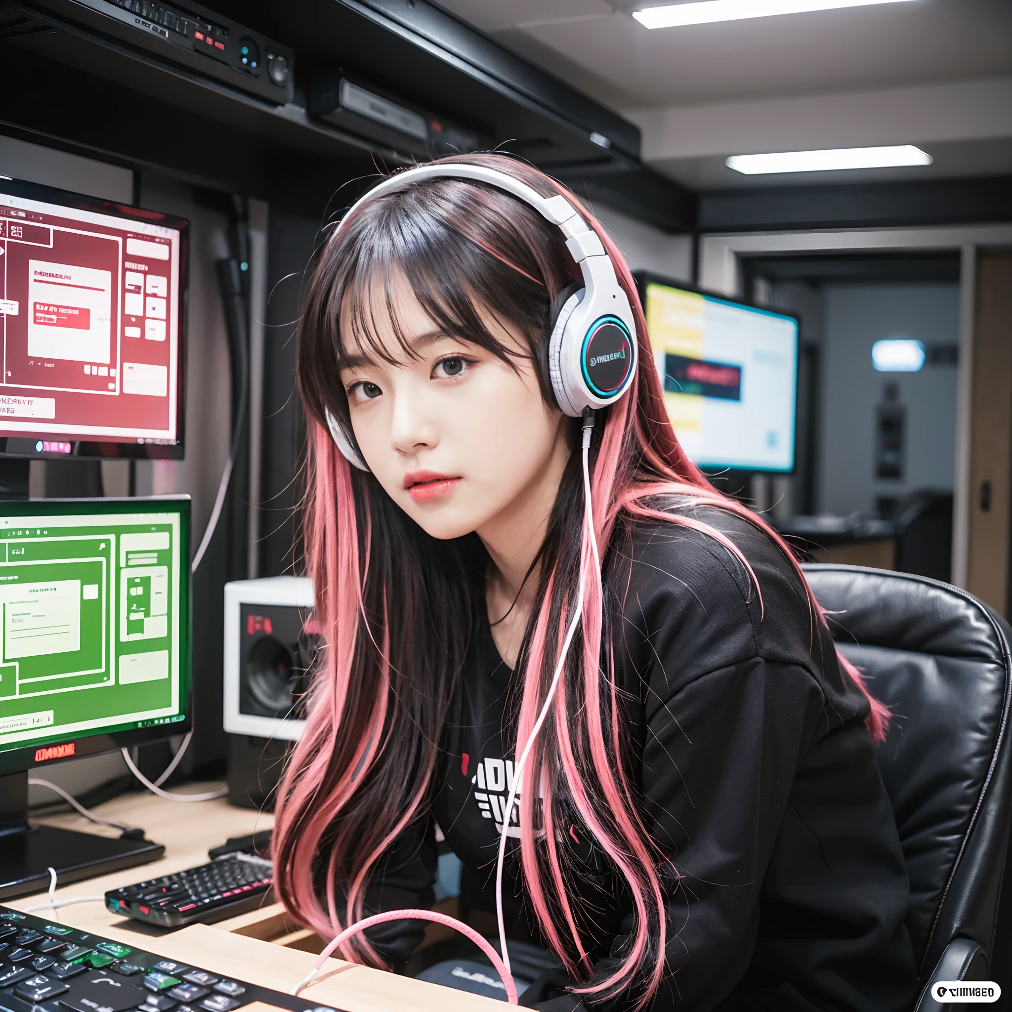 ((Masterpiece)), (((Best Quality)))), ((Illustration)), (Depth of Field: 1.2),Solo,Dynamic Angle,1 Girl,Hacker Beautiful Japan Girl, Indoors, Room, Dim Room, Sci-Fi, Neon, Neon Lights, Cyberpunk, Computer Room, Gaming Headphones, Computer Equipment, Ethical Hacker, Server Room Background, Display lights, monitors, (LED monitors, surrounded by multiple display monitors: 1.5), gaming chair, multicolored hair, striped hair, tank tops, mini skirts, energy drinks, cables, messy room, front, from below