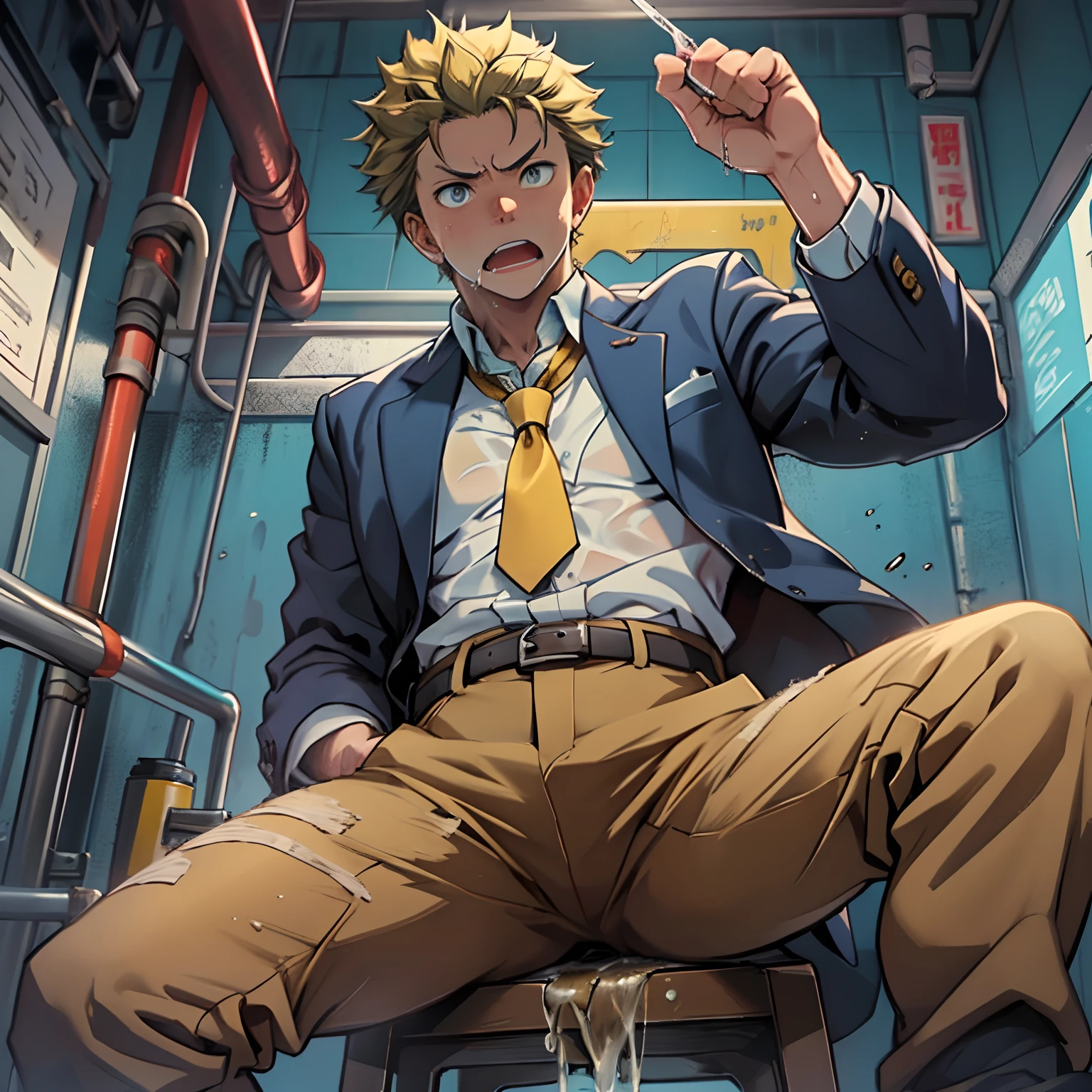 (1 Adult male),A high resolution, Sharp focus, Pixiv masterpiece, ((Complicated details)), highly detailed, natsuki_subaru, 1 man,perfect male figure,Urine on the trouser leg, Nervously bow your head,is shy,embarressed,exhilarated,is shocked,panicking,worry,A pool of urine formed around him,Very eager to pee,Unbearable,Wet yourself,Urine discharge,full bodyesbian,sit astride,Tired,decadent, blue color eyes(eyes glowing), Short yellow hair,white shirt,Wear a tie,Wear a belt,trousers,perspire,Drenched,Get wet,pissing,urine flows down the pants,look from down