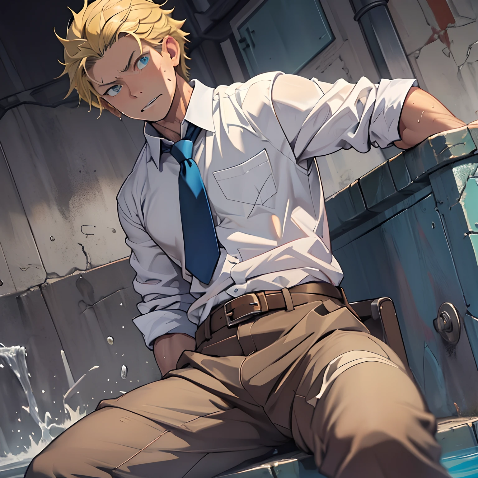 (1 Adult male),A high resolution, Sharp focus, Pixiv masterpiece, ((Complicated details)), highly detailed, natsuki_subaru, 1 man,perfect male figure,Urine on the trouser leg, Nervously bow your head,is shy,embarressed,exhilarated,is shocked,panicking,worry,A pool of urine formed around him,Very eager to pee,Unbearable,Wet yourself,Urine discharge,full bodyesbian,sit astride,Tired,decadent, blue color eyes(eyes glowing), Short yellow hair,white shirt,Wear a tie,Wear a belt,trousers,perspire,Drenched,Get wet,pissing,urine flows down the pants,look from down
