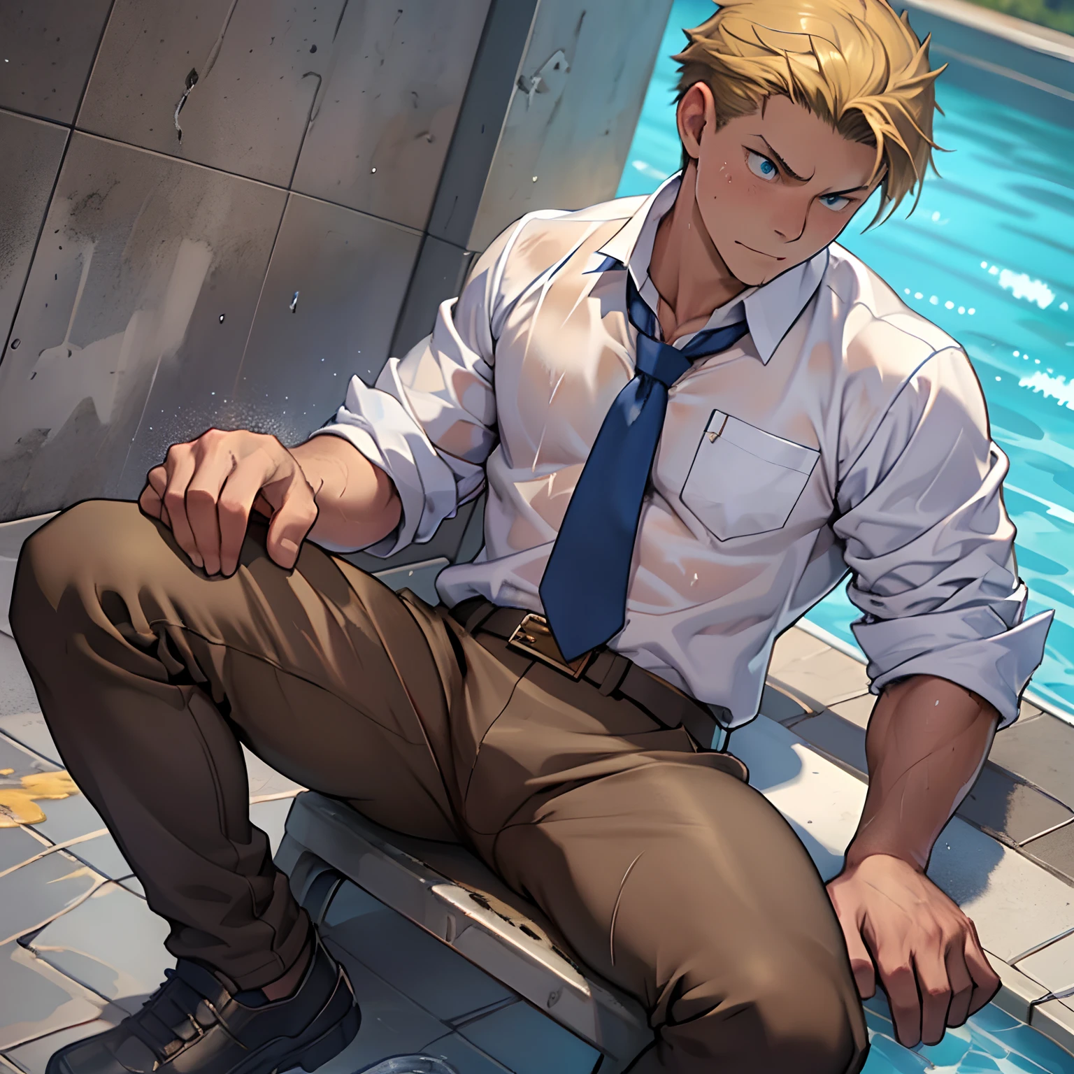 （1 Adult male），A high resolution， Sharp focus， Pixiv masterpiece， （（Complicated details））， highly  detailed， natsuki_subaru， 1 man，perfect male figure，Urine on the trouser leg， Nervously bow your head，is shy，embarressed，exhilarated，is shocked，panicking，worry，A pool of urine formed around him，Very eager to pee，Unbearable，Wet yourself，Urine discharge，full bodyesbian，sit astride，Tired，decadent， blue color eyes（eyes glowing）， Short yellow hair，white  shirt，Wear a tie，Wear a belt，trousers，perspire，Drenched，Get wet，pissing，urine flows down the pants，look from down