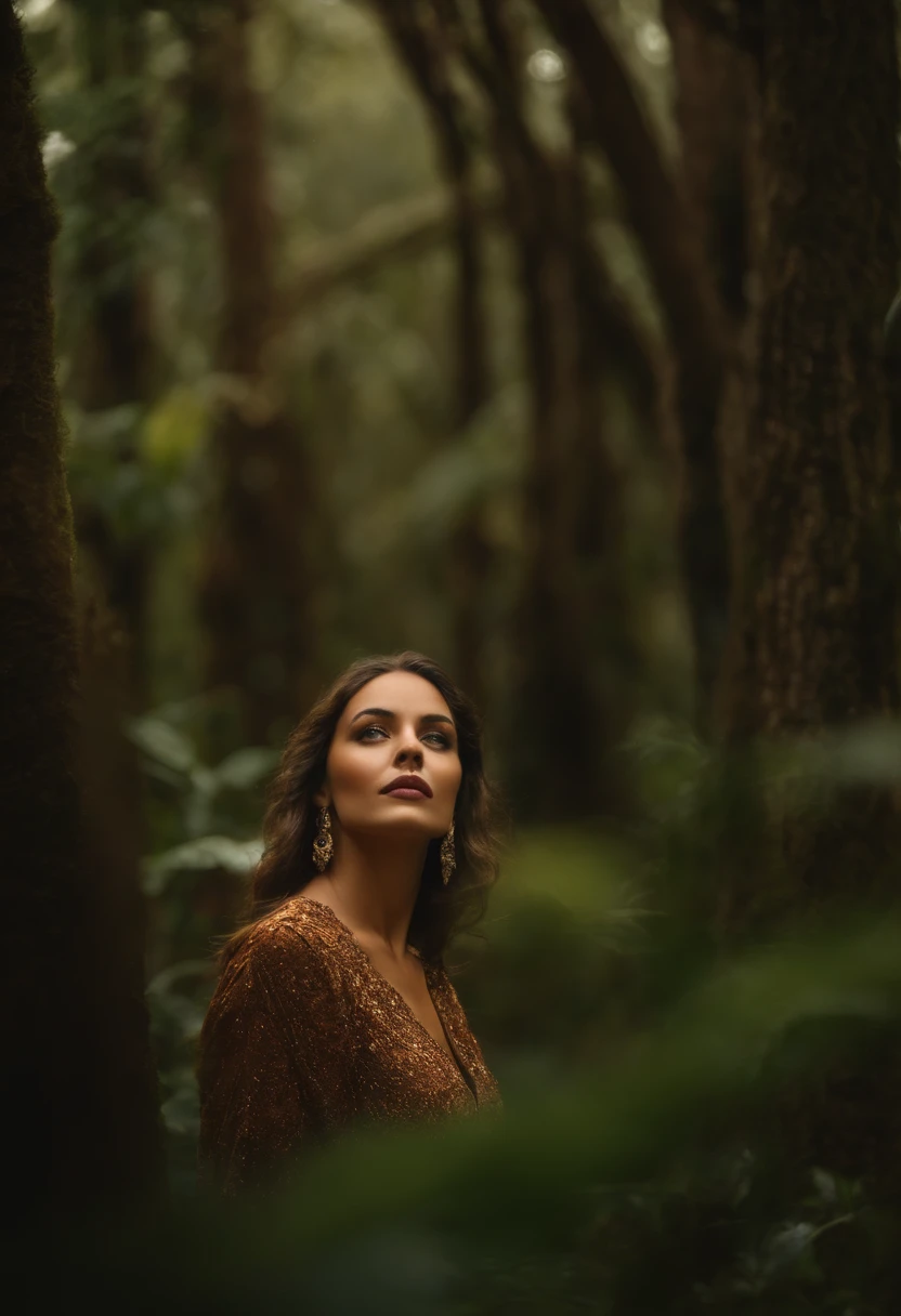 Mulher loira na floresta de cristais ao lado de um lobo marrom