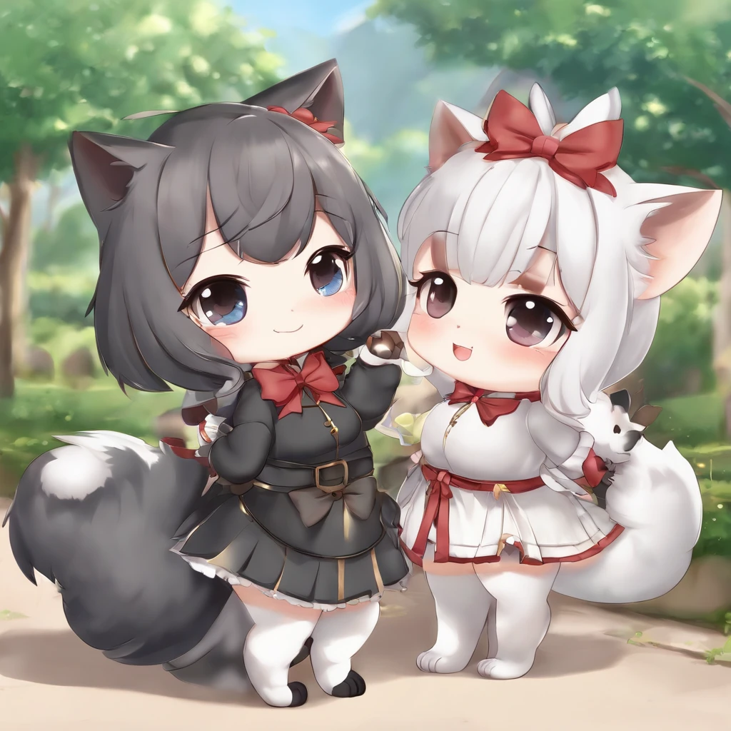 A cartoon cat girl with bow and dress, Cute!! tchibi!!! Cat woman, cute anime catgirl, anime catgirl, anime chibi, Chibi anime girl, Anime moe art style, small curvaceous , nyaruko-san, fat chibi grey cat, Chibi Art, chibi anime, Holo is a wolf girl, chibi girl, Kantai collection style