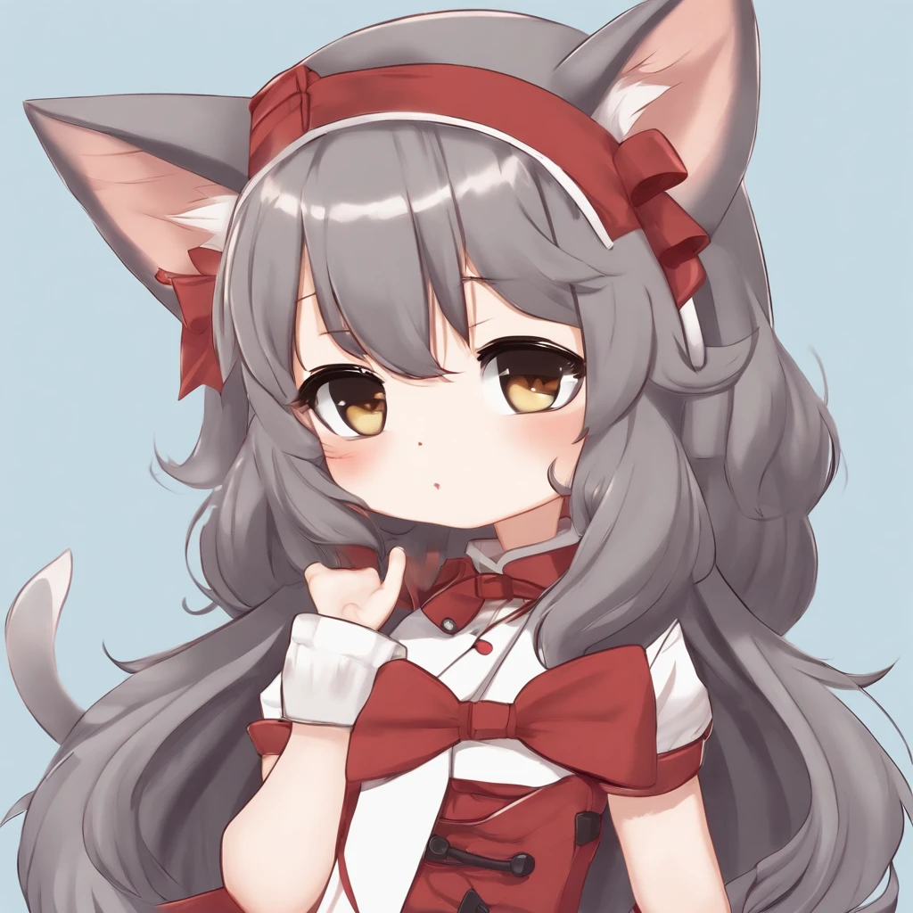 A cartoon cat girl with bow and dress, Cute!! tchibi!!! Cat woman, cute anime catgirl, anime catgirl, anime chibi, Chibi anime girl, Anime moe art style, small curvaceous loli, nyaruko-san, fat chibi grey cat, Chibi Art, chibi anime, Holo is a wolf girl, chibi girl, Kantai collection style