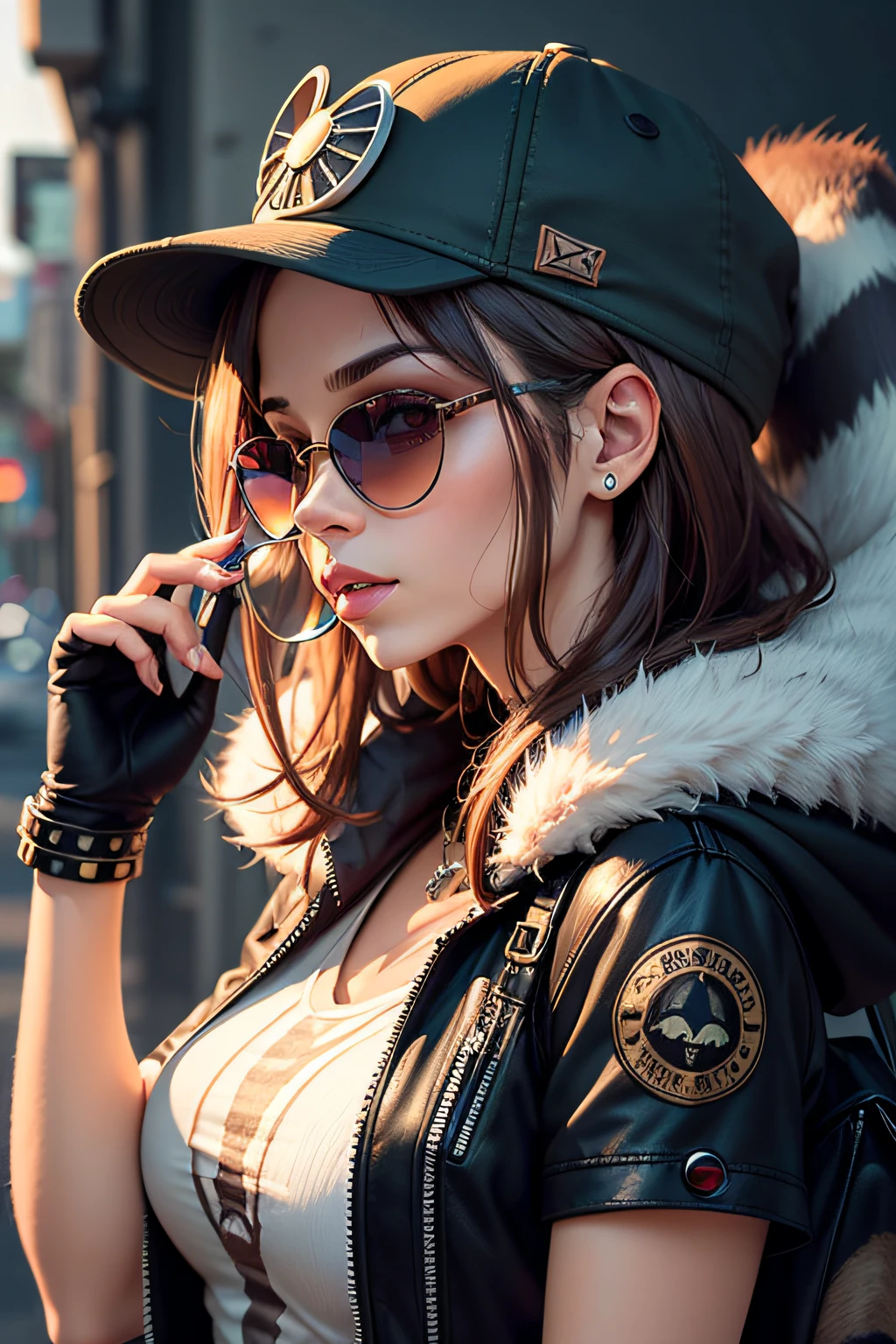 groovy human female with raccoon face, 3/4 profile portrait, modern fashionable woman, funky accessories such as sunglasses, hat, sward, hood etc