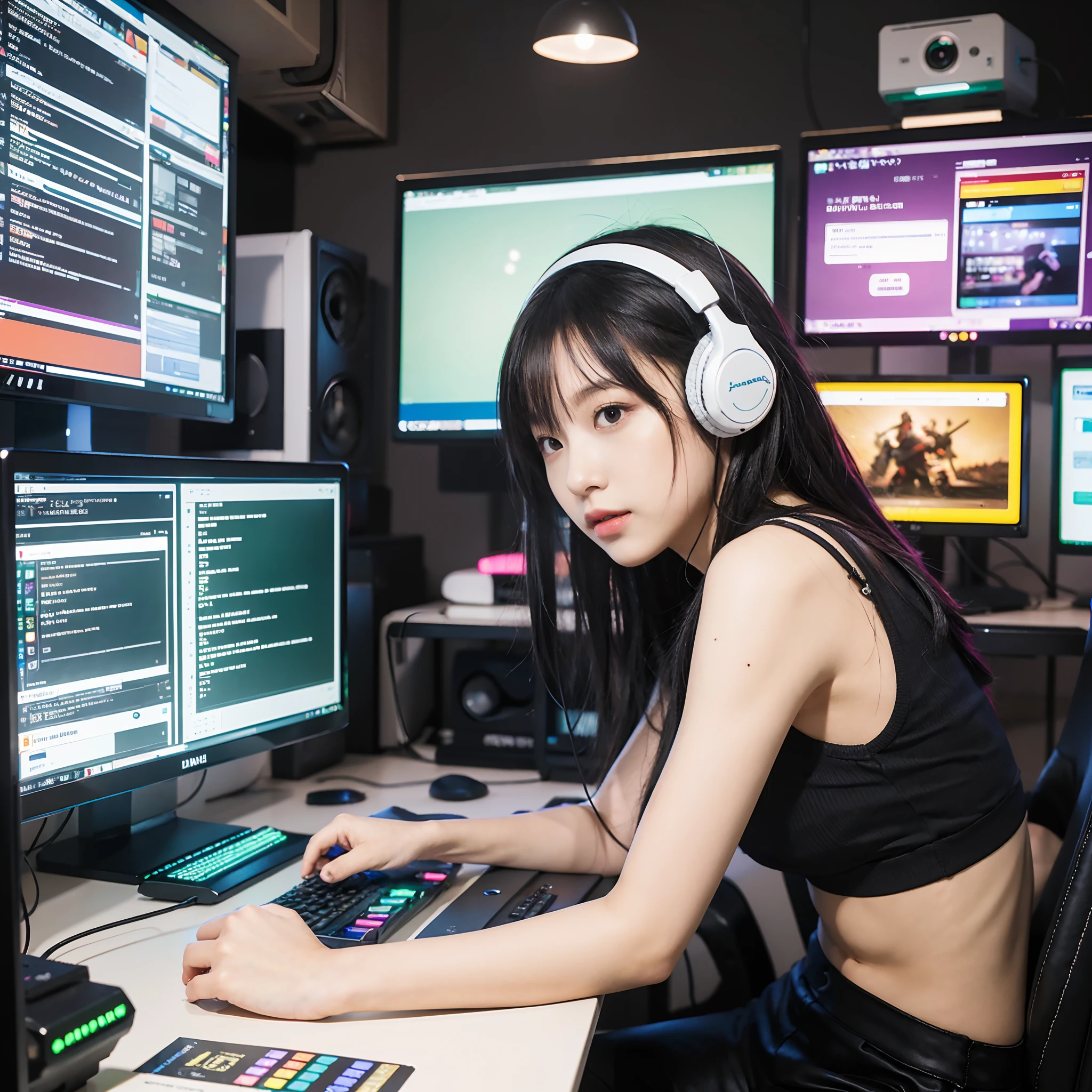 ((Masterpiece)), (((Best Quality)))), ((Illustration)), (Depth of Field: 1.2),Solo,Dynamic Angle,1 Girl,Hacker Beautiful Japan Girl, Indoors, Room, Dim Room, Sci-Fi, Neon, Neon Lights, Cyberpunk, Computer Room, Gaming Headphones, Computer Equipment, Ethical Hacker, Server Room Background, Display lights, monitors, (LED monitors, surrounded by multiple display monitors: 1.5), gaming chair, multicolored hair, striped hair, tank tops, mini skirts, energy drinks, cables, messy room, front, from below