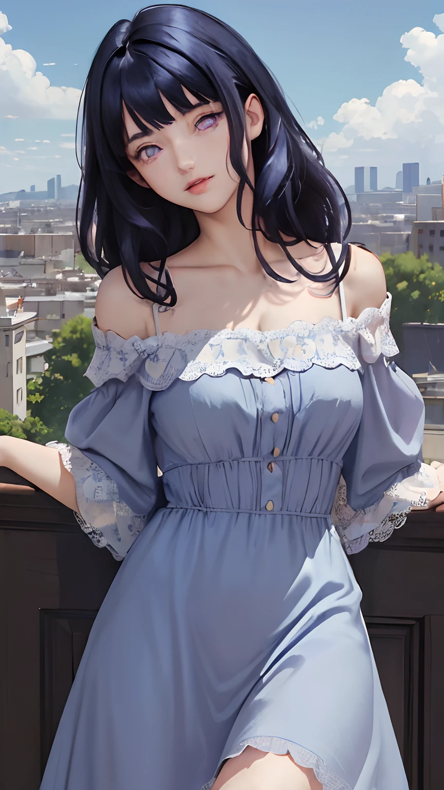 (masterpiece, best quality:1.4), looking at viewer, (on_front:1.2), bright sky,
(Curly hair:0.8), dark blue hair, cloudy sky, sunlight, upper_body, off shoulder, summer, day,Blunt Bangs, purple eyes,vintage dress,lace