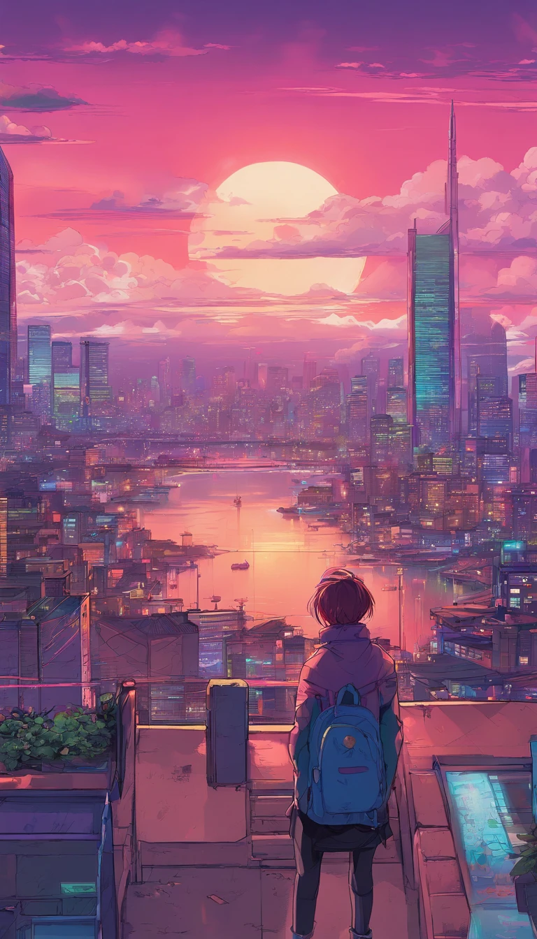 Close-up of the city with neon sunset in the background, Synthwave City, vaporwave city, Synthwave aesthetics, Neon City in the background, Background of Neo Tokyo, Neon metropolis in the background, Futuristic urban background, cyberpunk aesthetics, The city's backstory is cyberpunk, Purple Cyberpunk City, cyberpunk city background, cyberpunk aesthetics, cyberpunk atmosphere, Cyberpunk cityscape,anime clouds, Anime background, anime sky, in style of makoto shinkai, Beautiful puffy clouds. the anime, style of makoto shinkai, makoto sinkai!, beautiful anime scenery, based on Makoto Shinkai, Anime Landscape Wallpaper, makoto sinkai!!, Makoto Shinkai art style,japanaese girl,pale skin,beatiful face(purple hair)red jacket,Tokyo at night, with Cyberpunk style,Japanese streetwear,Tokyo Fashion,In a Cyberpunk 2 jacket 0 7 7,Full-length,attractive pose,Bottom view