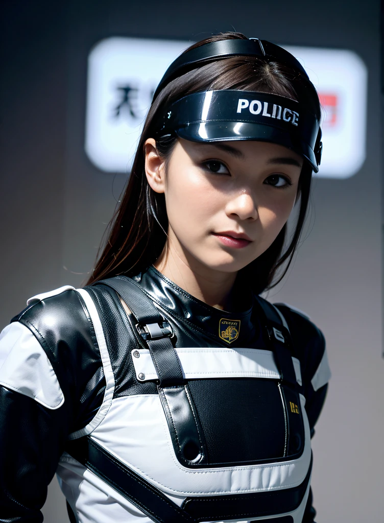 Highest image quality, outstanding details, ultra-high resolution, (realism: 1.4), highly condensed 1girl, with a delicate and beautiful face, ((close up:0.75)), (wearing racing suit likes police uniform, black and gray mecha, wearing military harness, a high-tech visor, holding a machinegun, "SST"), (scared:1), no body, fires, smokes,