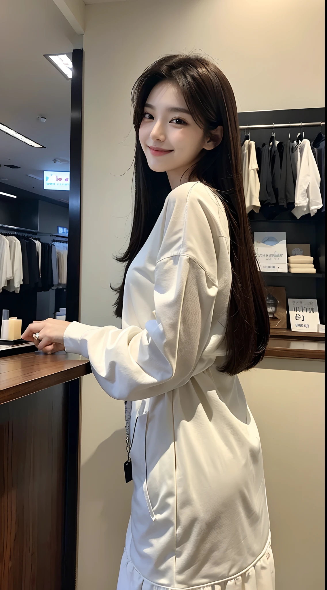 ​masterpiece、top-quality)、1 beutiful girl、Slim body、((Black and white plain clothes:1.1))、((Wearing black sunglasses )), (Detailed beautiful eyes), ((Detailed skin)) , ((Detailed beautiful hair)), Walk around the store、((Boyish Brown Medium Hair))、((Smaller face))、((Neutral face))、((Face seen from the side))、((Light brown eyes))、((Korean Girl))、((18year old))、((cool lady))、((A shy smile on his face))、((Korean Makeup))、((elongated and sharp eyes))、((Happy dating))、((looking distantly))、((boyish))、((Shot from the same height as your face))、((Shorter than viewer))、((She is running ahead of the viewer))、((Hold your mouth with your hand)), ((CG rendering)), ((Blurred background)), ((deep shadow)),  ((16K)),  ((Very detailed)), ((wallpaper)), ((depth of field)), ((movie light)), ((lens flare, Ray tracing)).