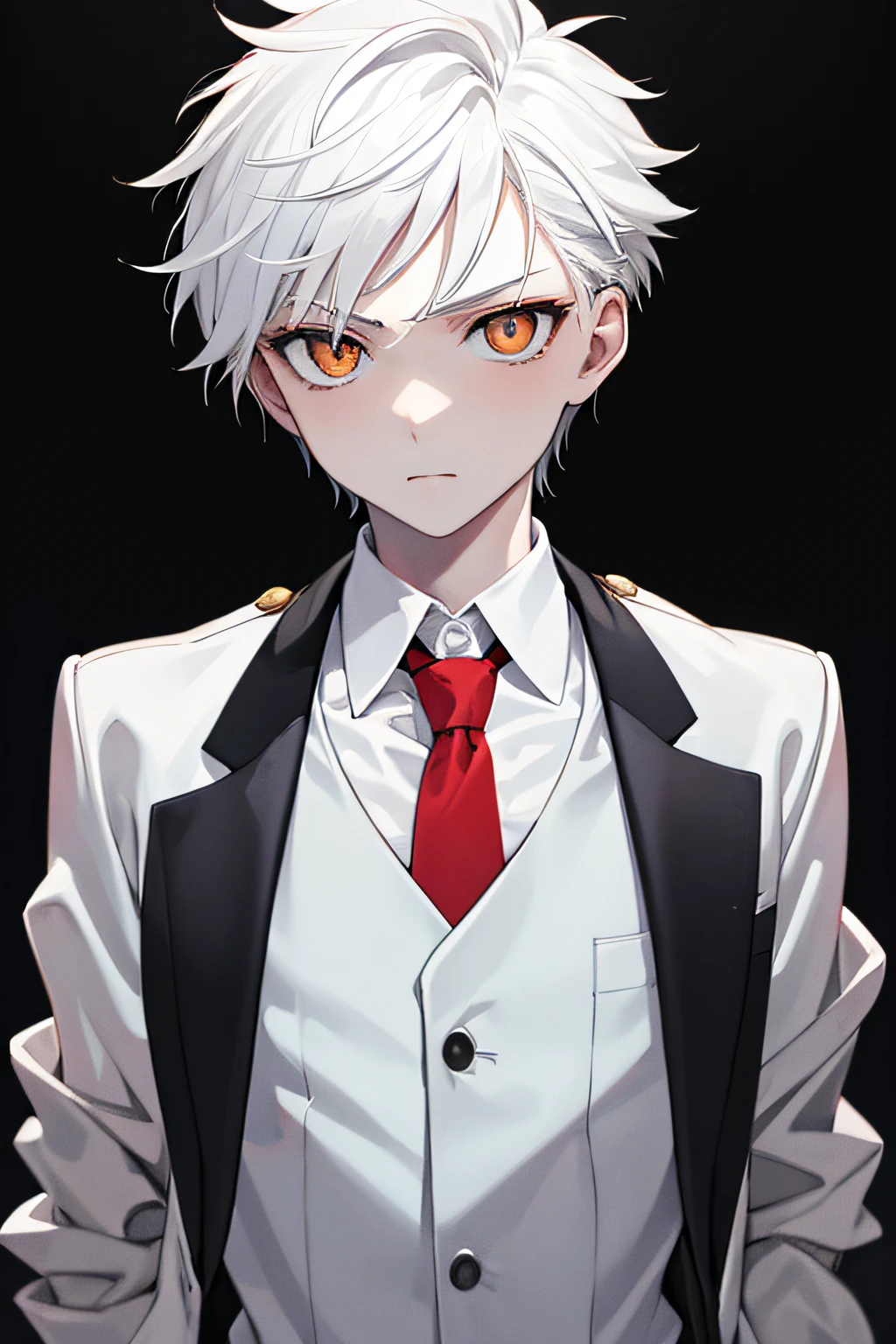 (masterpiece, best quality), KujouCSA, BREAK, 1boy, (Teenager) alone, white school uniform, gray jacket, open jacket, red tie, amber eyes, short spiked hair, white hair, expressionless, caucasian skin, aesthetic, BREAK, looking at viewer, upper body shot, Boku no Hero classroom, BREAK,
