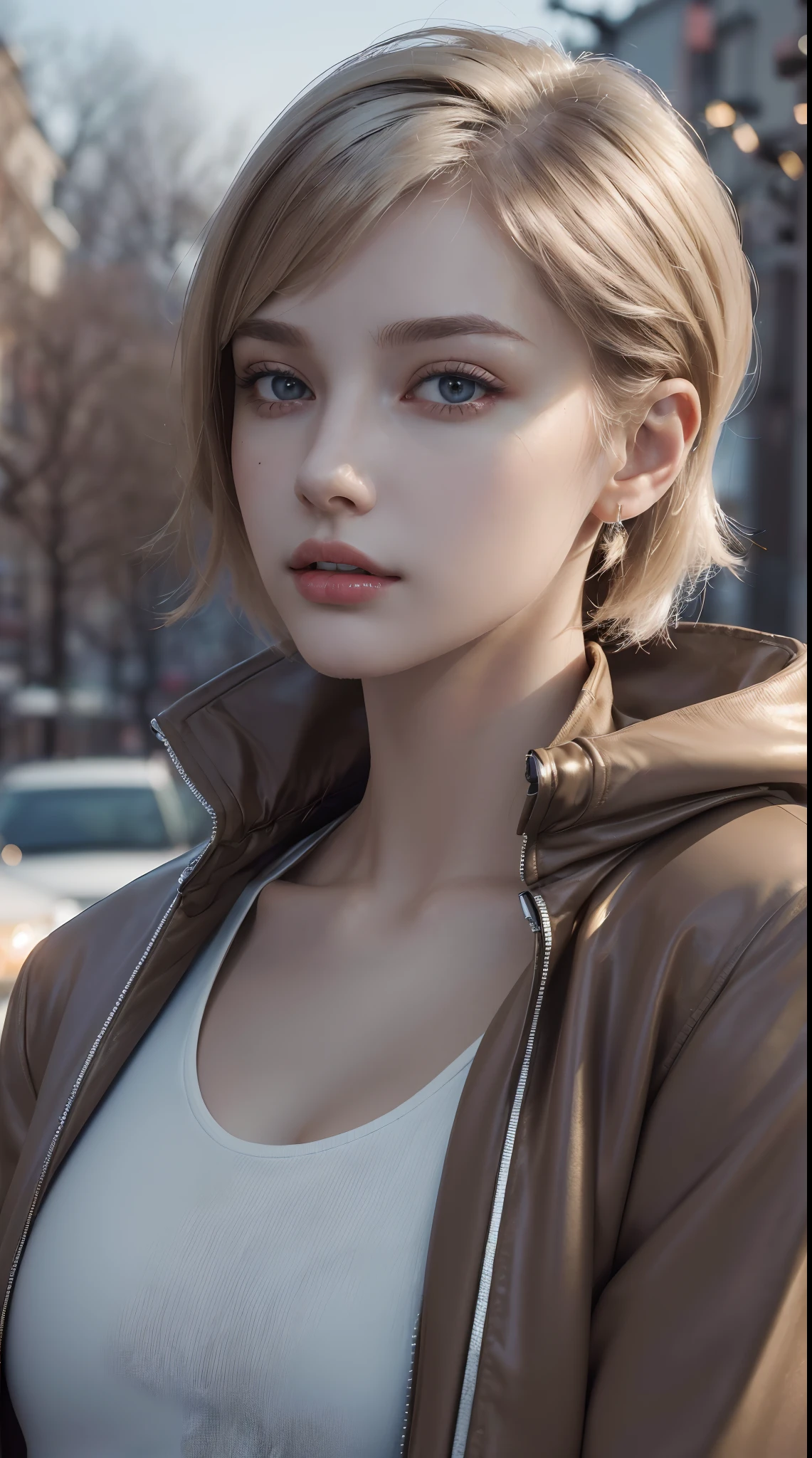 (Masterpiece, best quality, photorealistic, highres, photography, :1.3), close-up shot, sharp focus, (1 girl, Russian girl), realistic skin, (slim body shape), short hair with platinum hair color, extremely detailed hair, delicate face, shiny lips, ((wearing brown Jacket)), outdoor, ((vivid light, realistic, super realistic, realism, realistic detail))