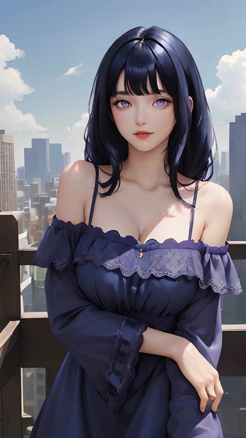 (masterpiece, best quality:1.4), looking at viewer, (on_front:1.2), bright sky,
(Curly hair:0.8), dark blue hair, cloudy sky, sunlight, upper_body, off shoulder, summer, day,Blunt Bangs, purple eyes,vintage dress,lace