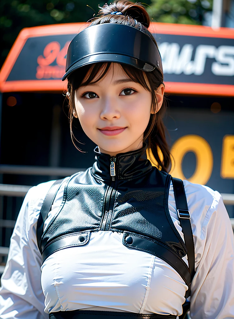Highest image quality, outstanding details, ultra-high resolution, (realism: 1.4), highly condensed 1girl, with a delicate and beautiful face, a bit chubby, ((from below, from front)), ((close up:0.75)), (wearing racing suit likes police uniform, black and gray mecha, wearing military harness, a high-tech visor, holding a machinegun, "SST"), (smile:1), no body, fires, smokes,