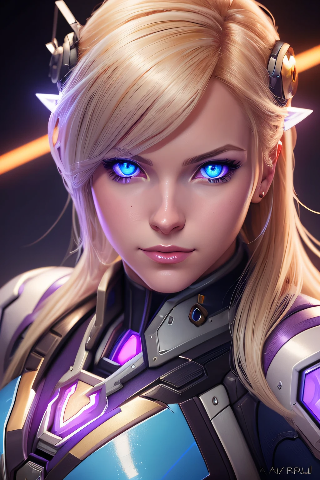 blond blue eye symmetry portrait of dva from overwatch, closeup, sci - fi, tech wear, glowing purple lights intricate, elegant, highly detailed, digital painting, artstation, concept art, smooth, sharp focus, illustration, art by art Germ and Greg Rutkowsky and alphonso Mucha