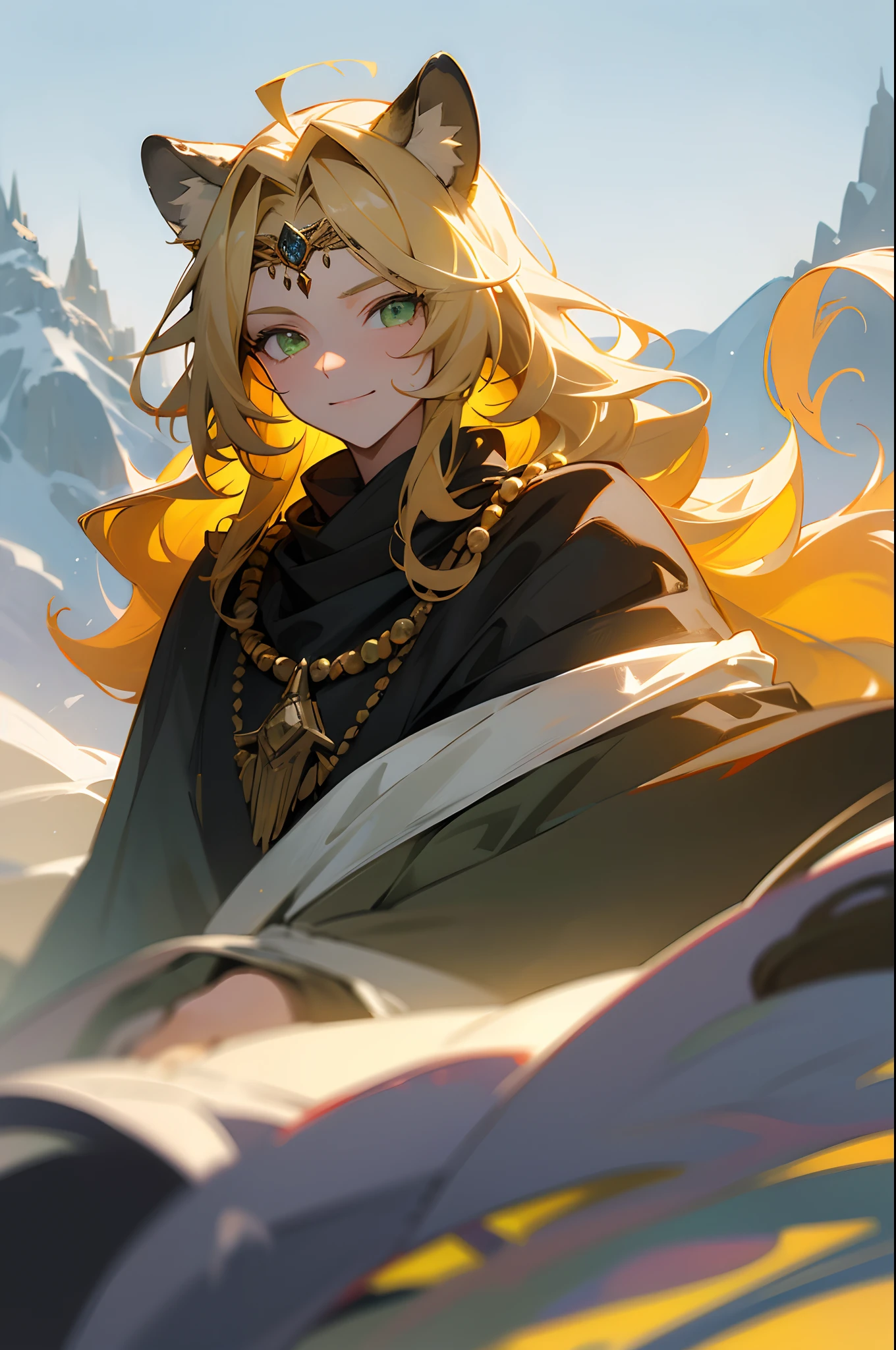 (masterpiece, best quality:1.2),1man, upper body, large tail, yellow hair, very long hair, wavy spikey hair, green eyes, detailed eyes, multicolored hair, circlet, bead necklace, animal ears, leopard ears, black cape, white dress, snowy, snowy mountains, blizzard, volumetric lighting, subsurface scattering, cinematic lighting, chiaroscuro, floating hair,, mature look, human ears covered by hair. mature, smile.