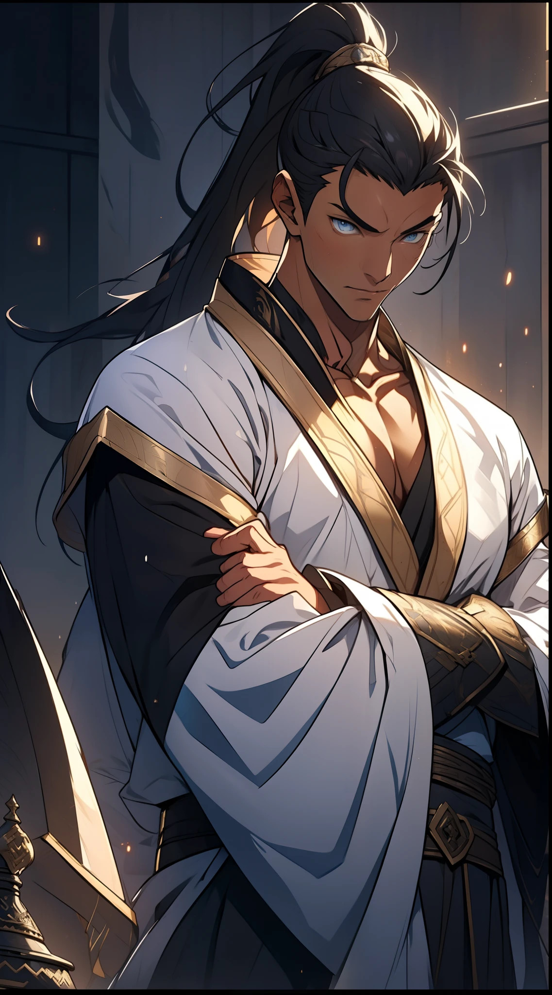 quadratic element,style of anime,mtu(Male Warrior),The proportions are correct,Face details,swordsmen,High ponytail hairstyle,Neck details,There is an Adam's apple,White robe,kaftan,long white robe,clothes details,Handing over,longer sleeves,Game quality,Swordsmanship,Light and shadow tracking,Ray traching,detailed glow,cg render,hair detail,cabelos preto e longos,blue colored eyes,Handsome,Handsome,(juvenile sense),Clothing is complicated,Perfectcomposition,Refinement,high qulity,higher details,Lots of details,The background is complex,a sense of atmosphere,