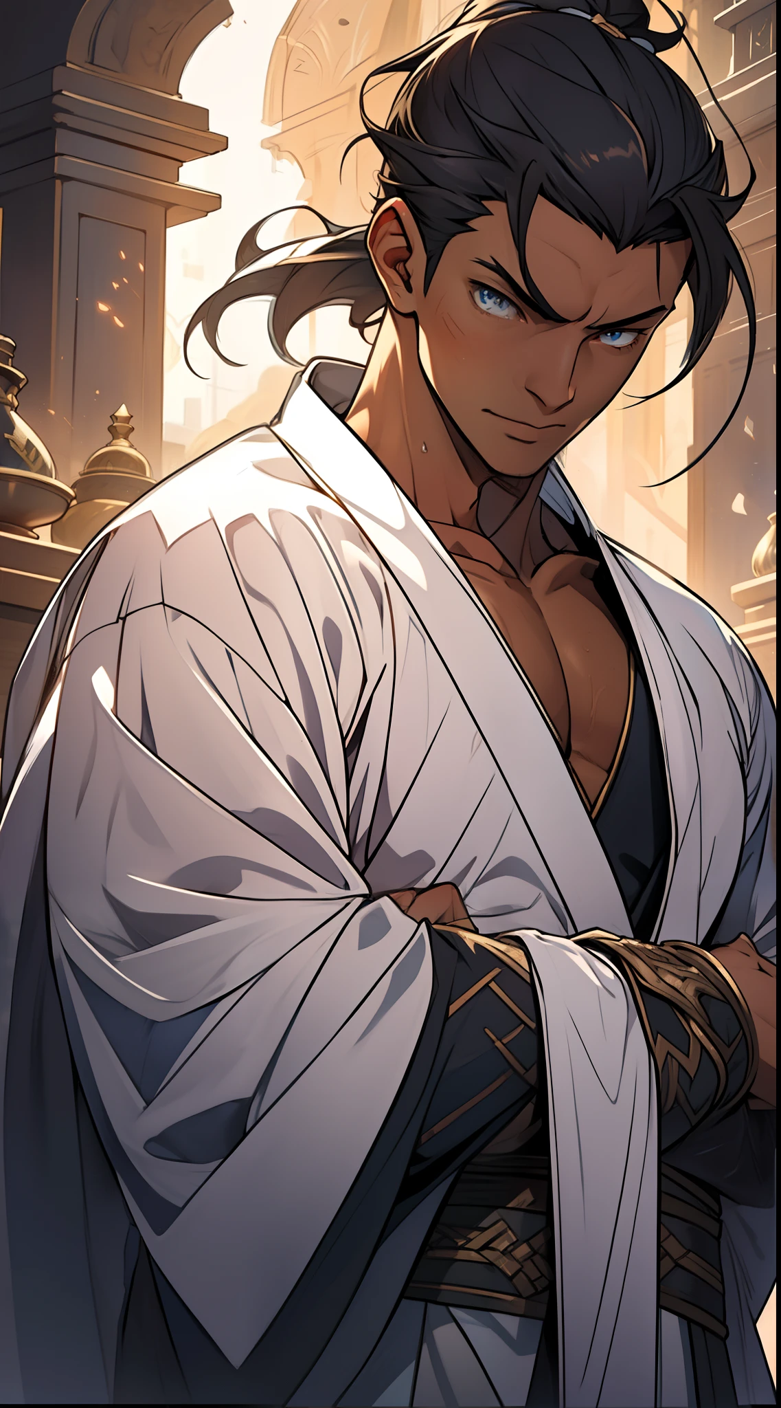 quadratic element，style of anime，mtu（Male Warrior），The proportions are correct，Face details，swordsmen，High ponytail hairstyle，Neck details，There is an Adam's apple，White robe，kaftan，long white robe，clothes details，Handing over，longer sleeves，Game quality，Swordsmanship，Light and shadow tracking，Ray traching，detailed glow，cg render，hair detail，cabelos preto e longos，blue colored eyes，Handsome，Handsome，（juvenile sense），Clothing is complicated，Perfectcomposition，Refinement，high qulity，higher details，Lots of details，The background is complex，a sense of atmosphere，