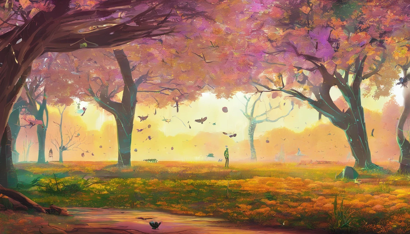 There is a gazebo by the meadow，The yellow gum tree next to it began to lose its leaves，Dead yellow leaves fall from the trees，It's like a yellow butterfly falling from a tree in an autumn breeze，Falls on the grass，It seems to be sheltering the grass from the wind and rain。Next to the yellow gum tree，There is a small-leaved ficus tree，Still so green，It seems that he is not afraid of the cold at all。