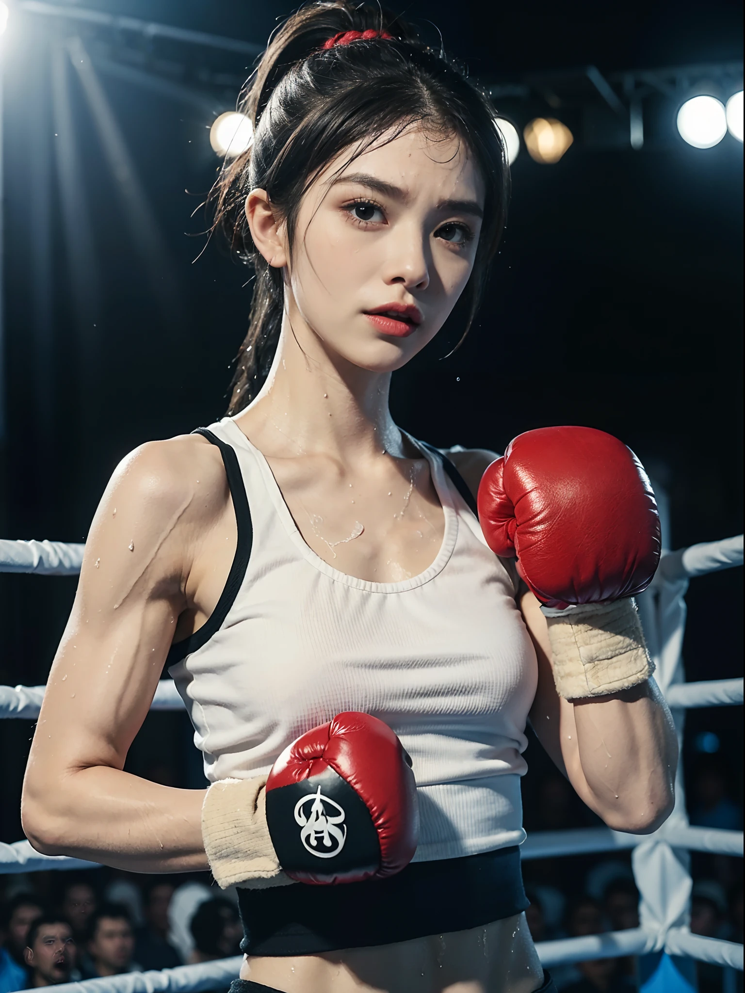 Masterpiece, top quality, (realistic, realistic: 1.4), (RAW photo: 1.2), very delicate CG Unity 8K wallpaper, very delicate beautiful, wonderful, boxing pose, attention to detail, official art, ridiculous, incredibly ridiculous, huge file size, very fine, very delicate, beautiful eyes and face, beautiful delicate eyes, light on face, a girl,(solo:1.3),(short ponytail:1.2), (pompom) navel, upper body, PE uniform short sleeve crop top button red t-shirt, (boxing gloves on both hands:1.2), bare arms, Bangs ,In a large boxing stadium,Night view, bright lights,The stands were packed with spectators,warm atmosphere,Boxing Ring, ULZZANG-6500-v1.1,Small head, small face, slim, thin, shoulder length black straight short hair, small breasts, flat chest, serious, powerful, (strong muscles:1.6),(sweat:1.7),ready to fight