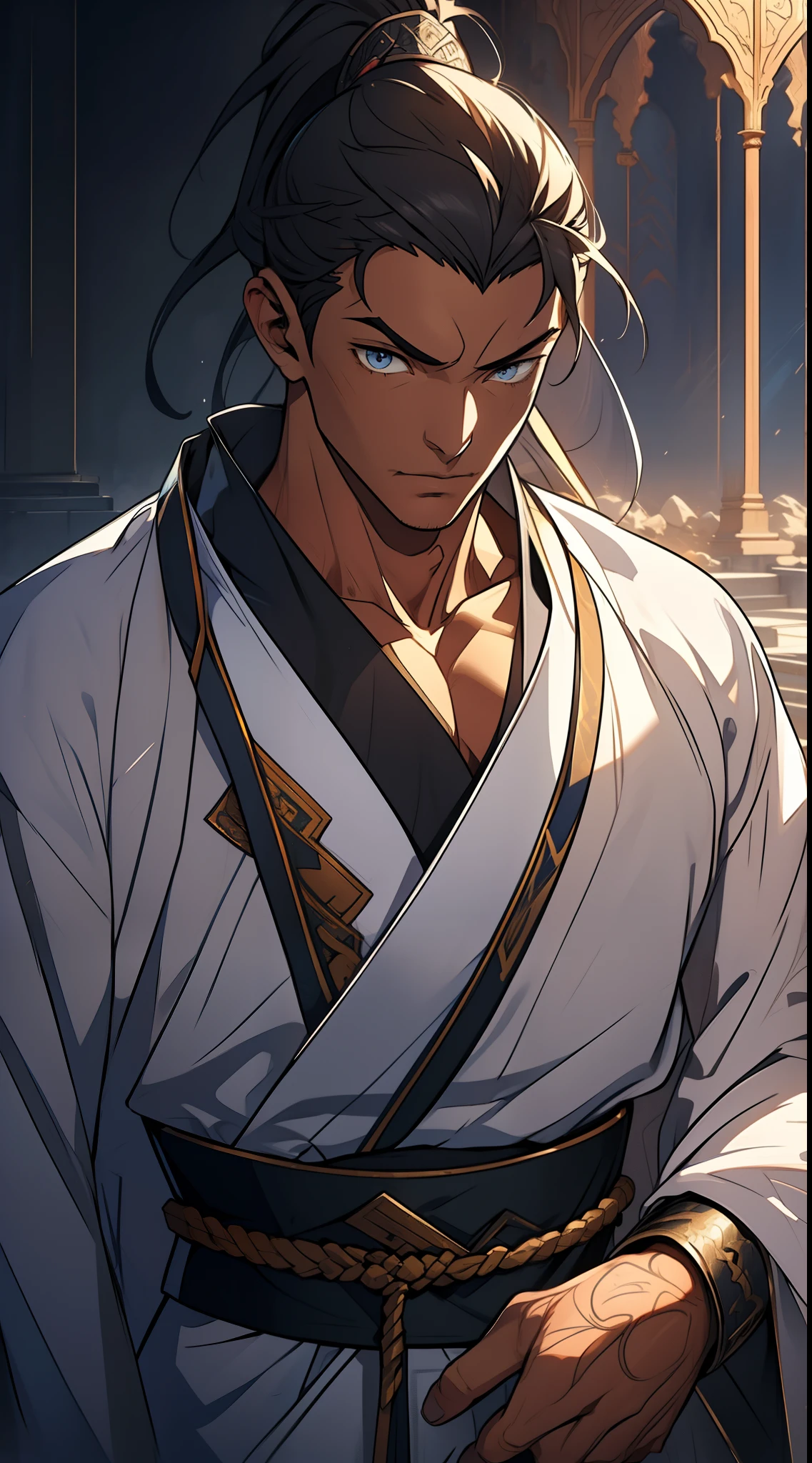 quadratic element，style of anime，mtu（Male Warrior），The proportions are correct，Face details，swordsmen，High ponytail hairstyle，Neck details，There is an Adam's apple，White robe，kaftan，long white robe，clothes details，Handing over，longer sleeves，Game quality，Swordsmanship，Light and shadow tracking，Ray traching，detailed glow，cg render，hair detail，cabelos preto e longos，blue colored eyes，Handsome，Handsome，（juvenile sense），Clothing is complicated，Perfectcomposition，Refinement，high qulity，higher details，Lots of details，The background is complex，a sense of atmosphere，