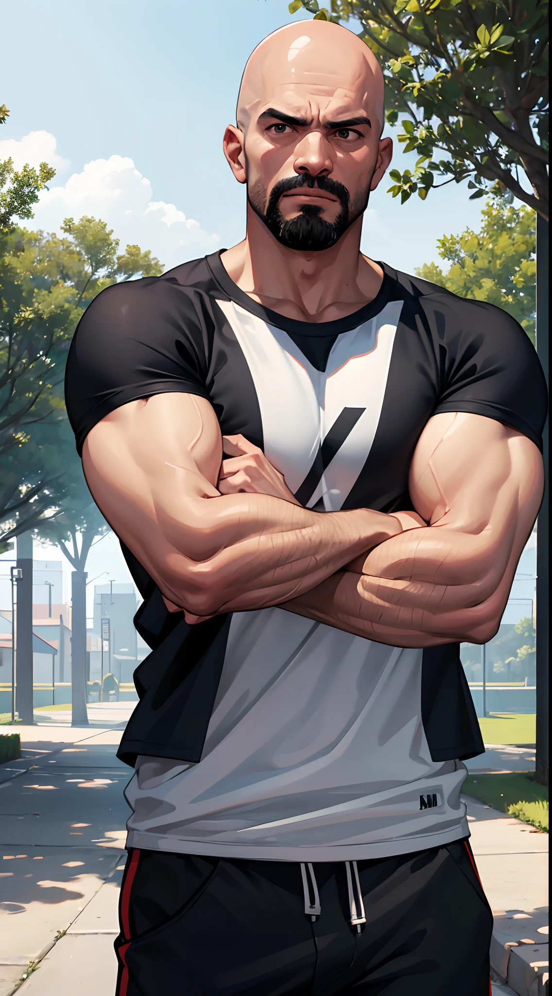 1 man 50 years old, bald, black eyes, short sparse black beard, wearing a white T-shirt, wearing black gym short pants, muscular, strong body, threatening attitude, chatter, surprised face, surprised eyes, stand with arms crossed, standing, stand straight, from the front, upper body, sunny weather, noon, jogging field, extremely detailed, best graphics, 8k, ultrasharp, masterpiece