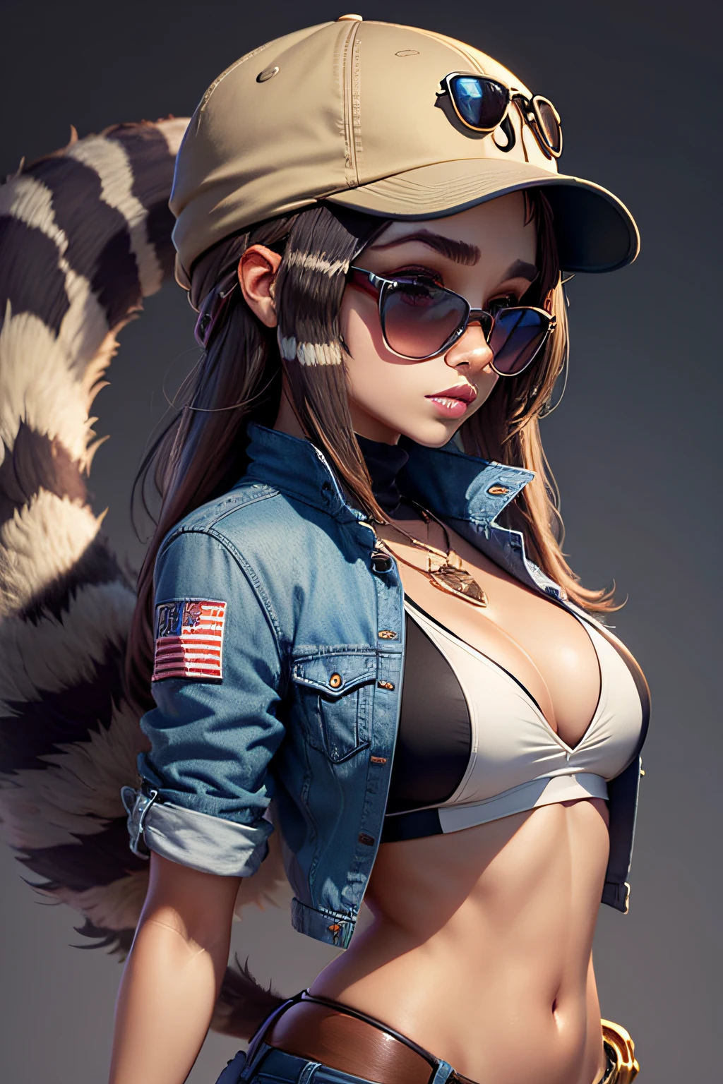 groovy female raccoon face, with human body, 3/4 profile portrait, modern fashionable, funky accessories such as sunglasses, hat, sward,  etc