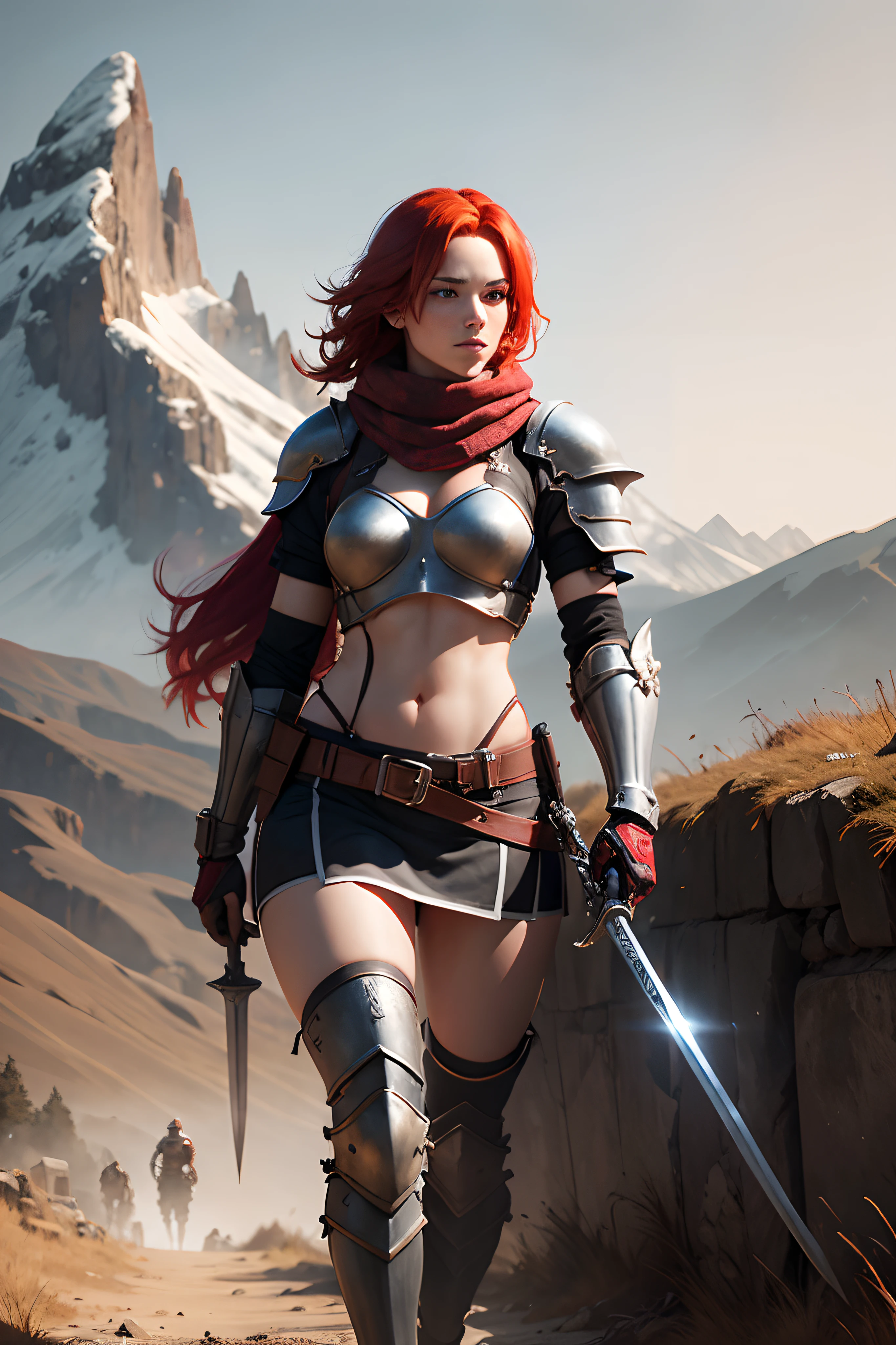 a lady knight with red hair, helmet that shows her face, skimpy body armor, wielding a sword, tattered scarf, 8k, mountain background, full body shot, simple pose, realistic lighting