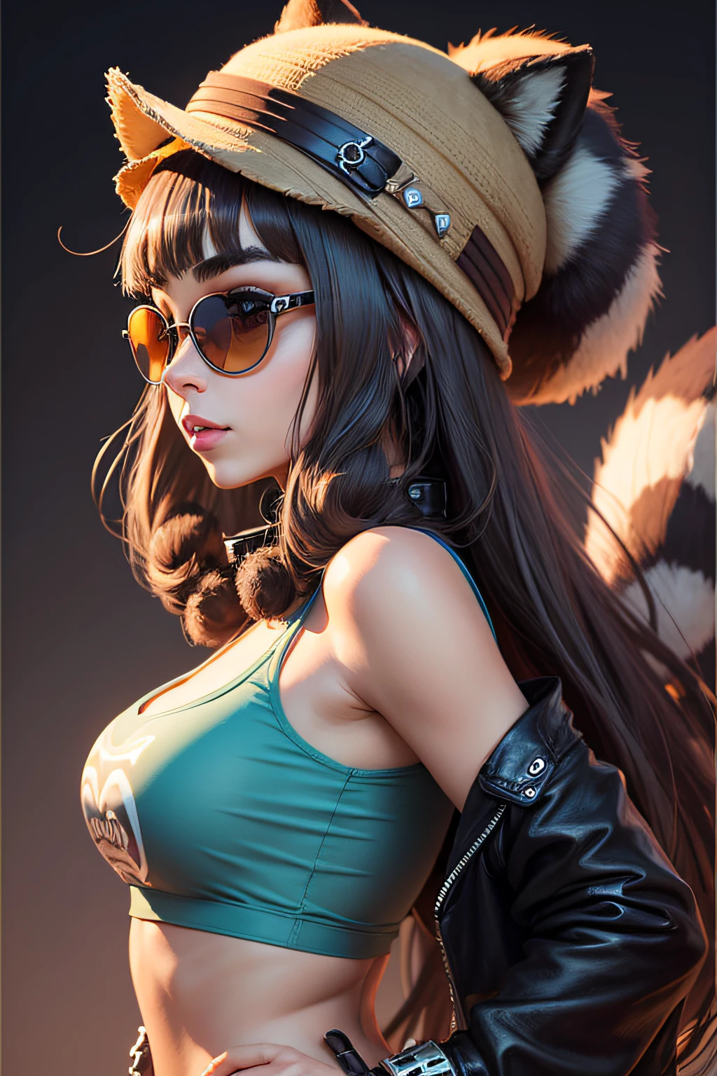 groovy female raccoon face, with human body, 3/4 profile portrait, modern fashionable, funky accessories such as sunglasses, hat, sward, etc