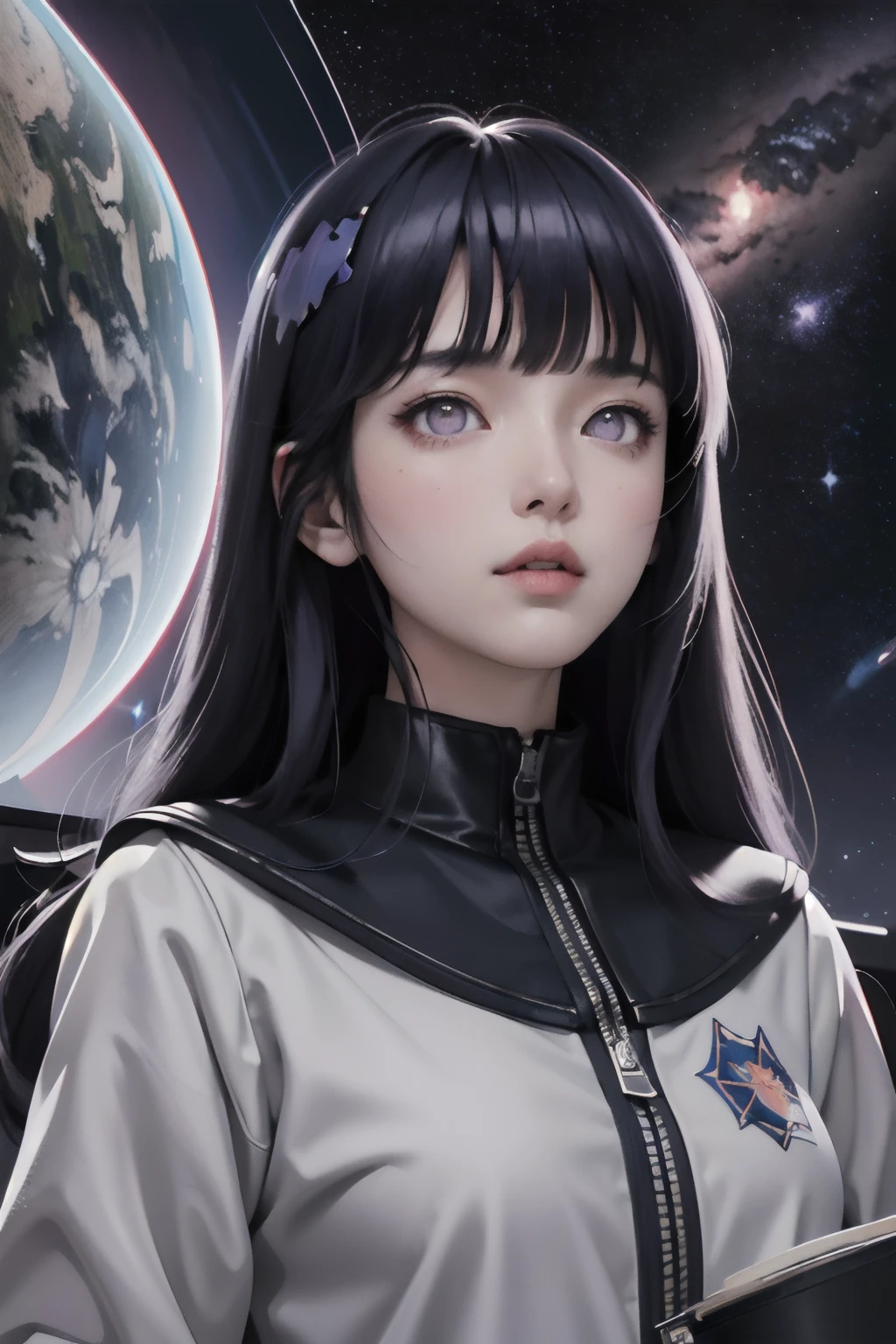 best quality, (masterpiece), Ultra-detailed, (novel illustration:1.2), (korean webtoon style:1.2), (bold line), (highres:1.2), dramatic light, 1girl, observatory, looking at space through long Telescope, space, planets, falling stars, light lines among planets, looking above, beutiful face, cogwheels,Blunt Bangs, purple eyes, long curly dark blue hair,a girl