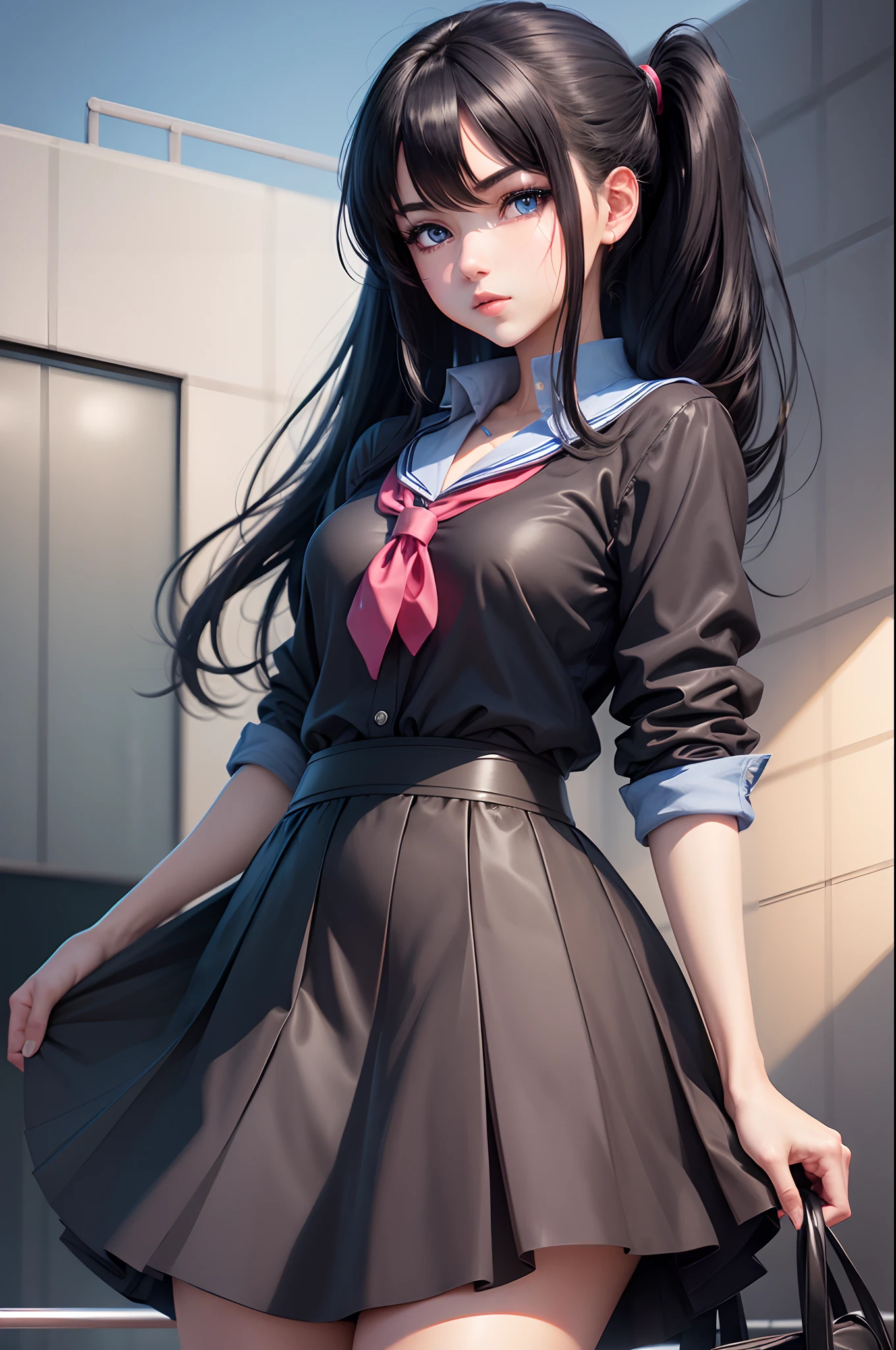 1 girl ,black hair, high res, 8k, blue eyes, beautiful. anime style, school girl outfits. pony tail