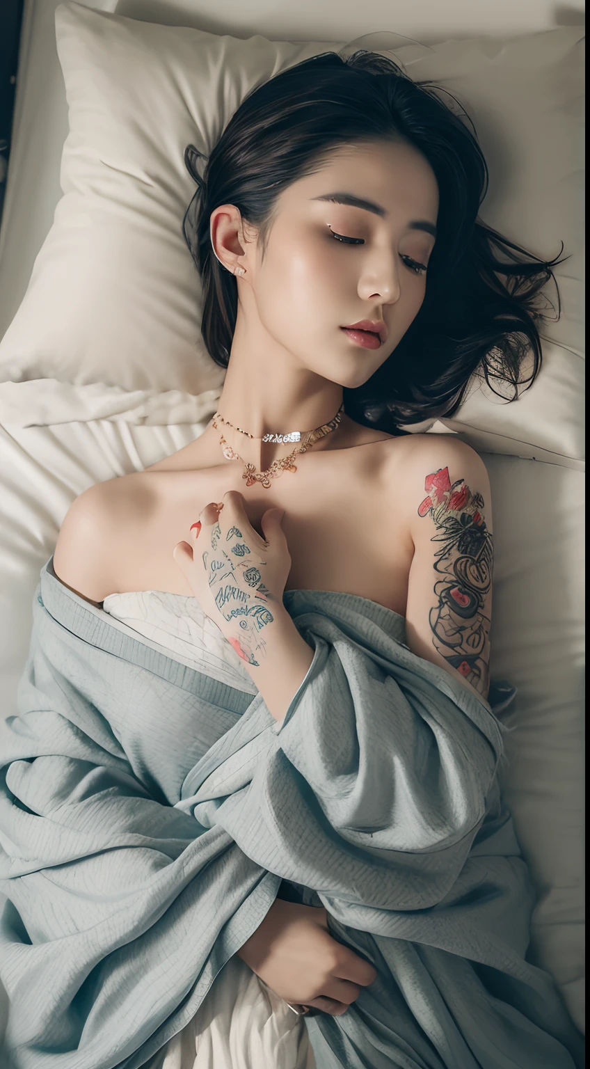 ((Best quality, 8k, Masterpiece :1.3)), Sharp focus :1.2, (Beautiful geisha in kimono.bare shoulders)) Choker necklace, •Sleep. Hug affectionately. Wrapped in a blanket ((Sleep on the mattress)). °Full body° °. Tattoo face texture. Tattoo Hand. Chest tattoo. Tattoo shoulder.