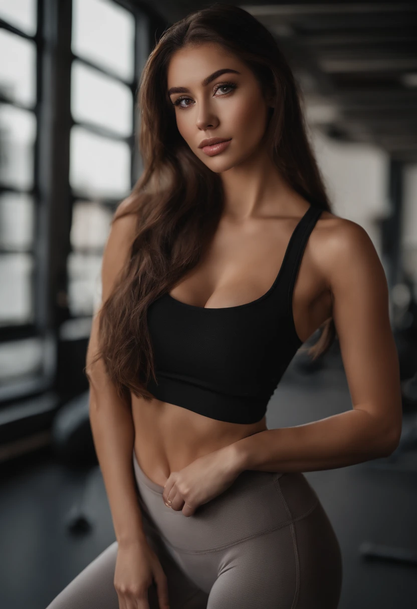 Arad woman in gym clothes, Sexy girl with brown eyes, portrait sophie mudd, brown hair and large eyes, Full body photo of a young woman, bedroom eyes, Violet Myers, nomake-up, Natural makeup, look straight at the camera, face with artgram, Subtle makeup, Stunning full-body shots, , massive cleavage, Arina Hashimoto