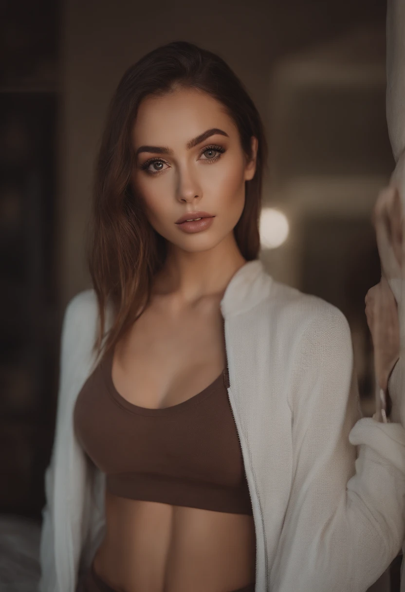 Arad woman in gym clothes, Sexy girl with brown eyes, portrait sophie mudd, brown hair and large eyes, Full body photo of a young woman, bedroom eyes, Violet Myers, nomake-up, Natural makeup, look straight at the camera, face with artgram, Subtle makeup, Stunning full-body shots, , massive cleavage, Arina Hashimoto