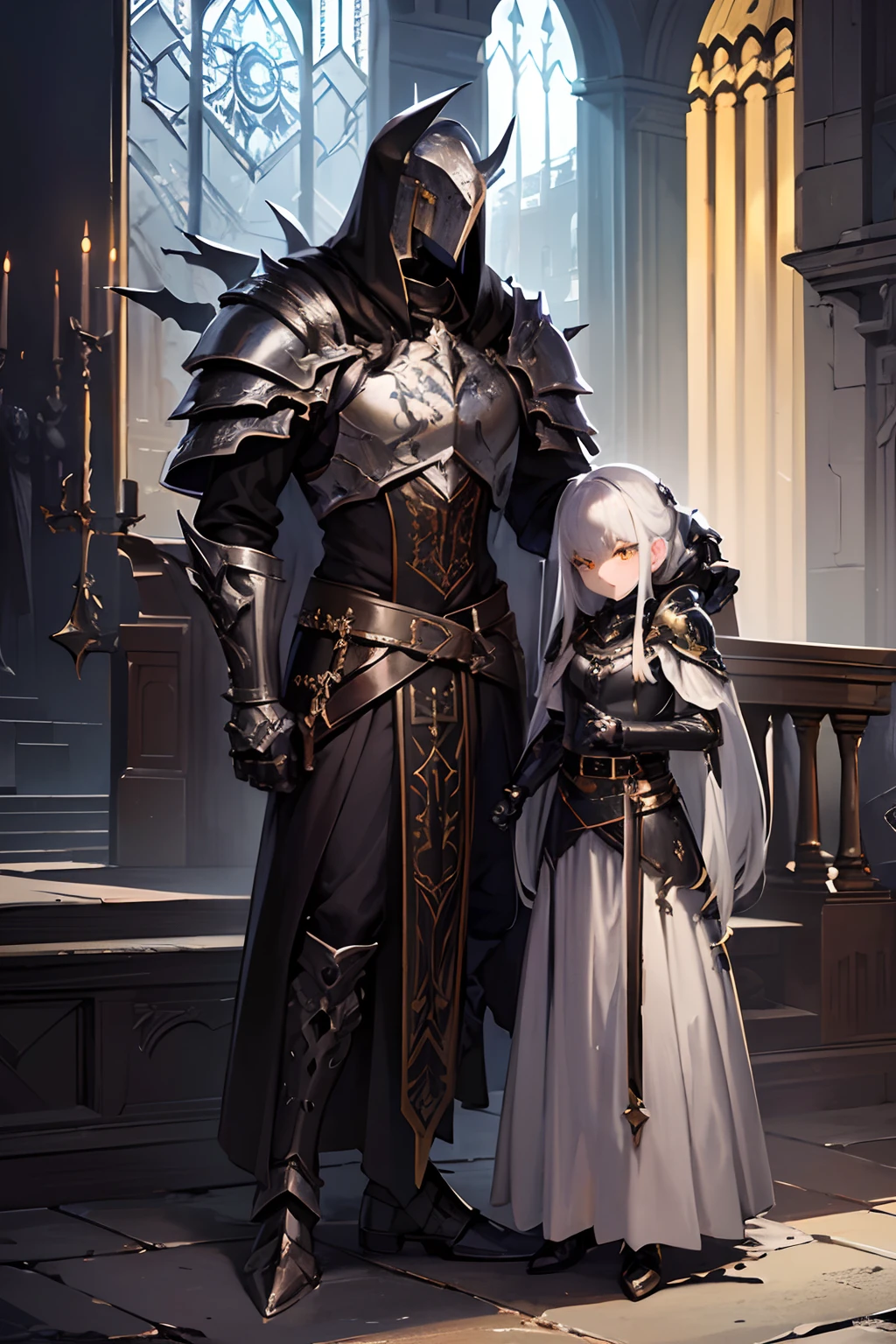 Masterpiece, best quality, detailed, trending on artstation, 1man, knight, deathknight, oathbreaker, white hair coming out of the sides of the helmet, looking at viewer, extremely detailed eyes, (yellow eyes), full plated armour, closed horned great helm, spiked pauldrons with detailed ornaments on it, skull chestplate with glinting gemstones, silvery details on armor, belts and buckles on waist, deteriorated Greaves, ripped leather leggings, corrupted long great sword stuck in the ground, (gold detailed cross), ((black leather grip)), guard praying on knees, destroyed church background, dim ambiance, ambiance night