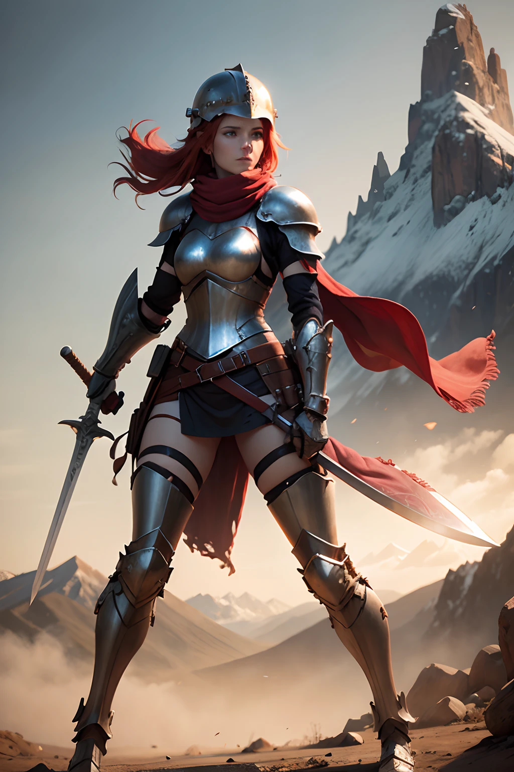 a lady knight with red hair, wearing simple helmet, skimpy body armor, wielding a sword, tattered scarf, 8k, mountain background, full body shot, simple pose, realistic lighting, simple battlescar
